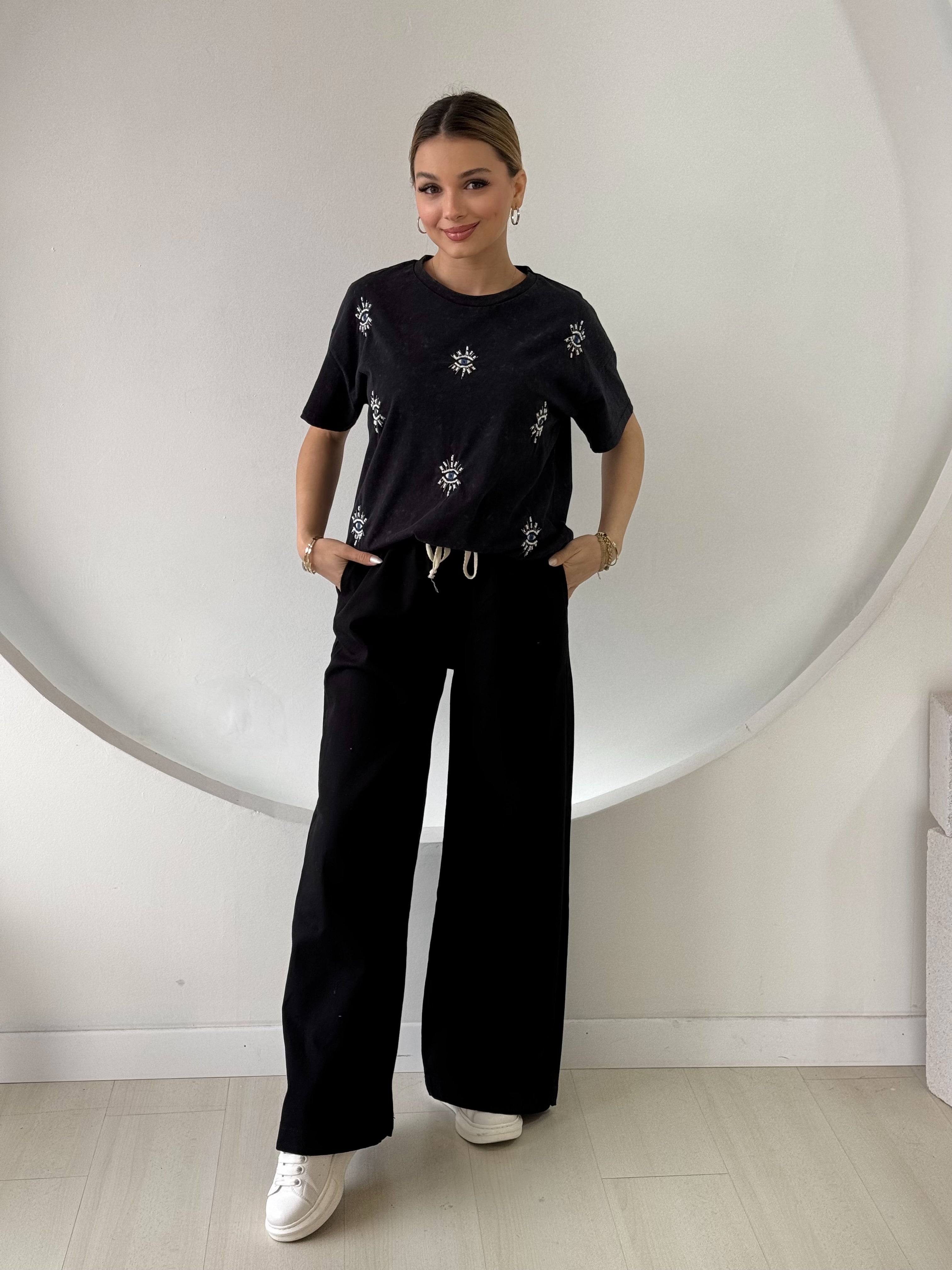 Siyah Beli Lastikli Bol Paça Pantolon