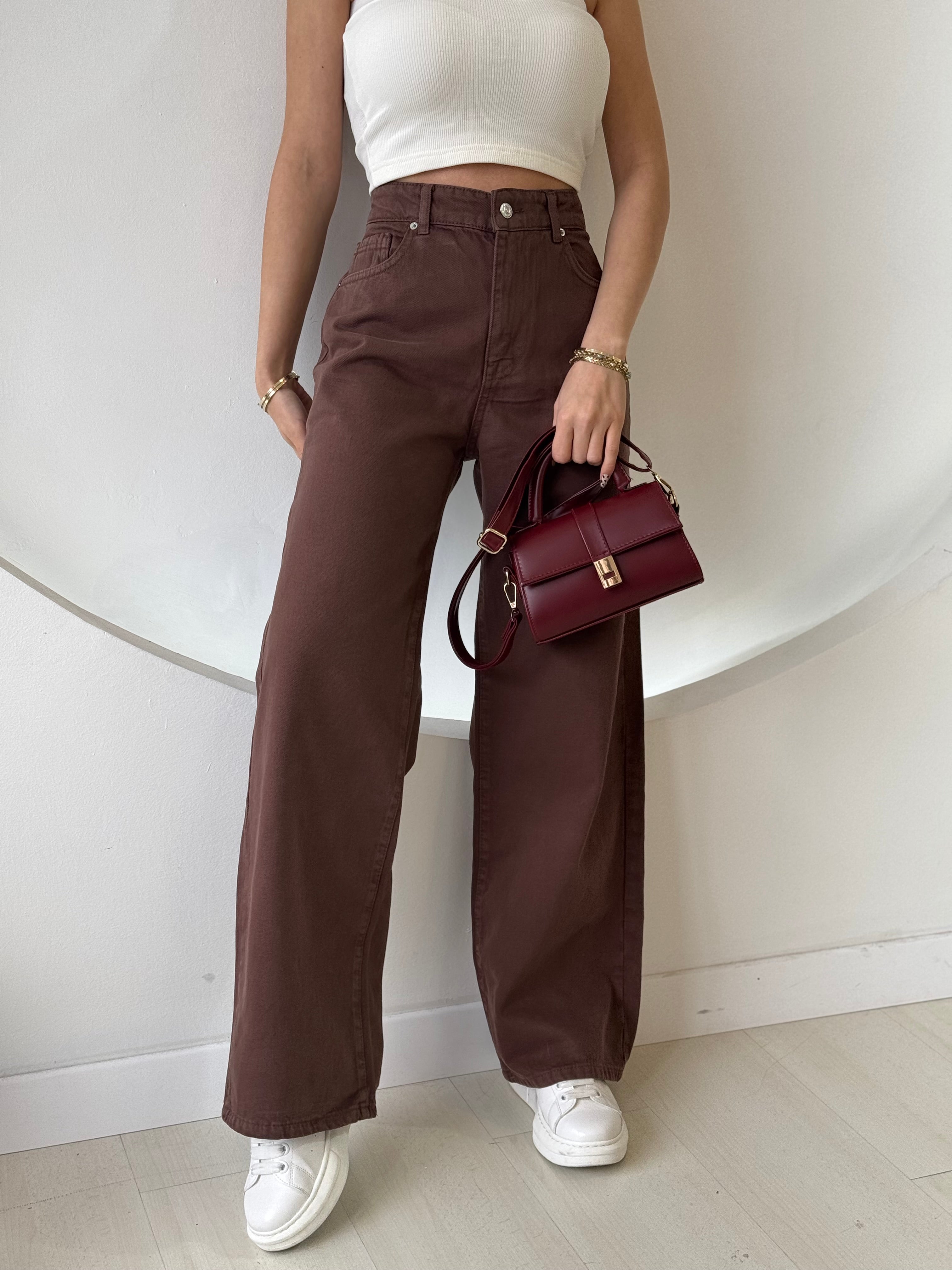 Kahverengi Yumuşak Dokulu Bol Paça Pantolon