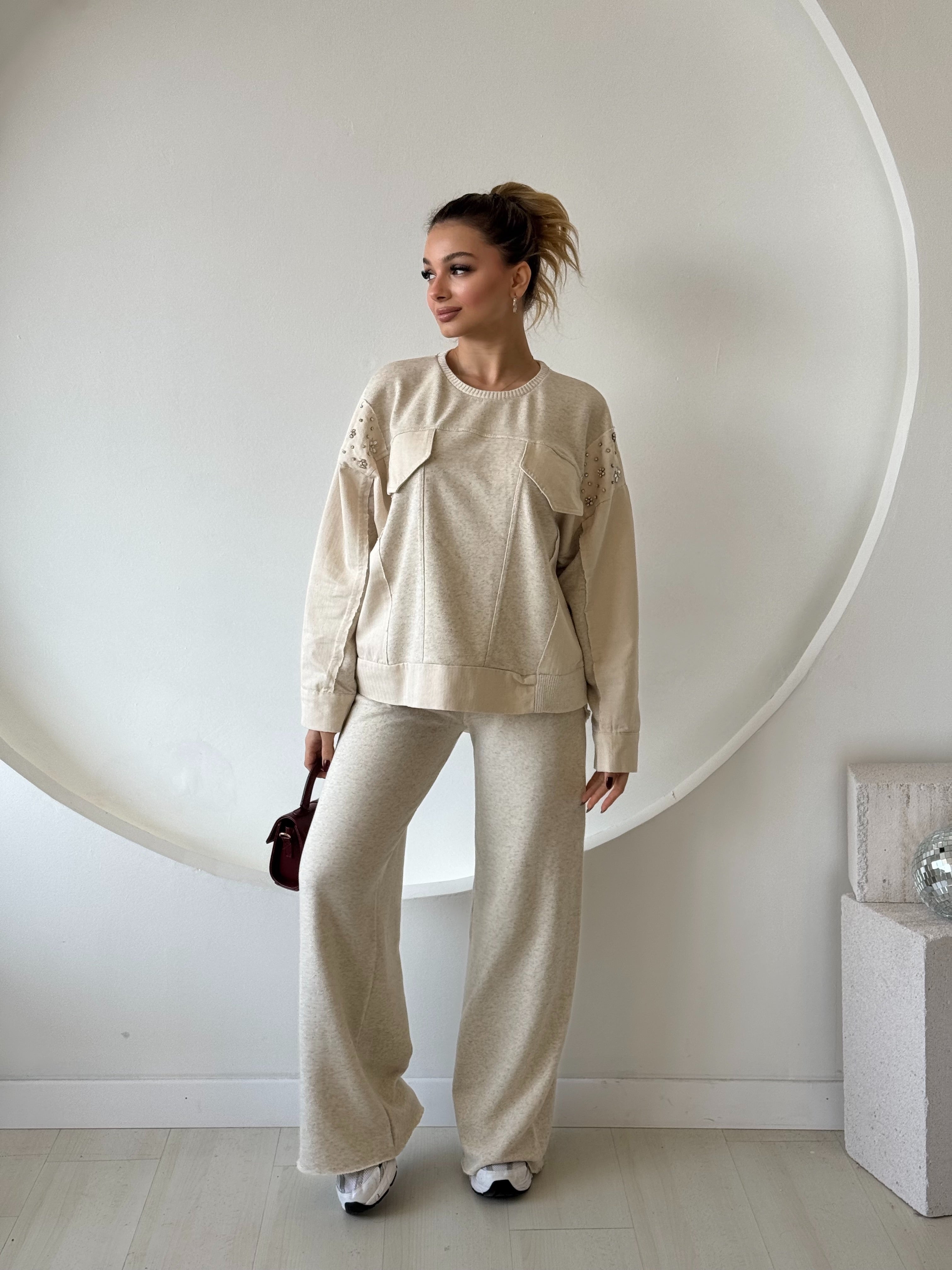 Boncuk Ve Cep Detaylı Sweat Pantolon Takım