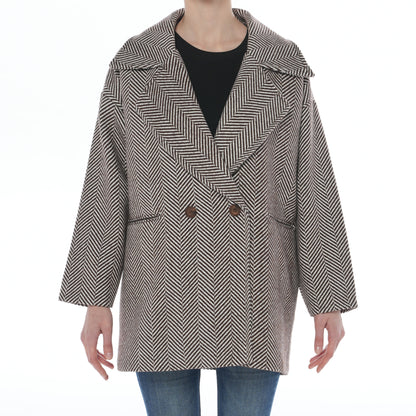 Kahverengi Beyaz Balıksırtı Astarlı Oversize Kaban