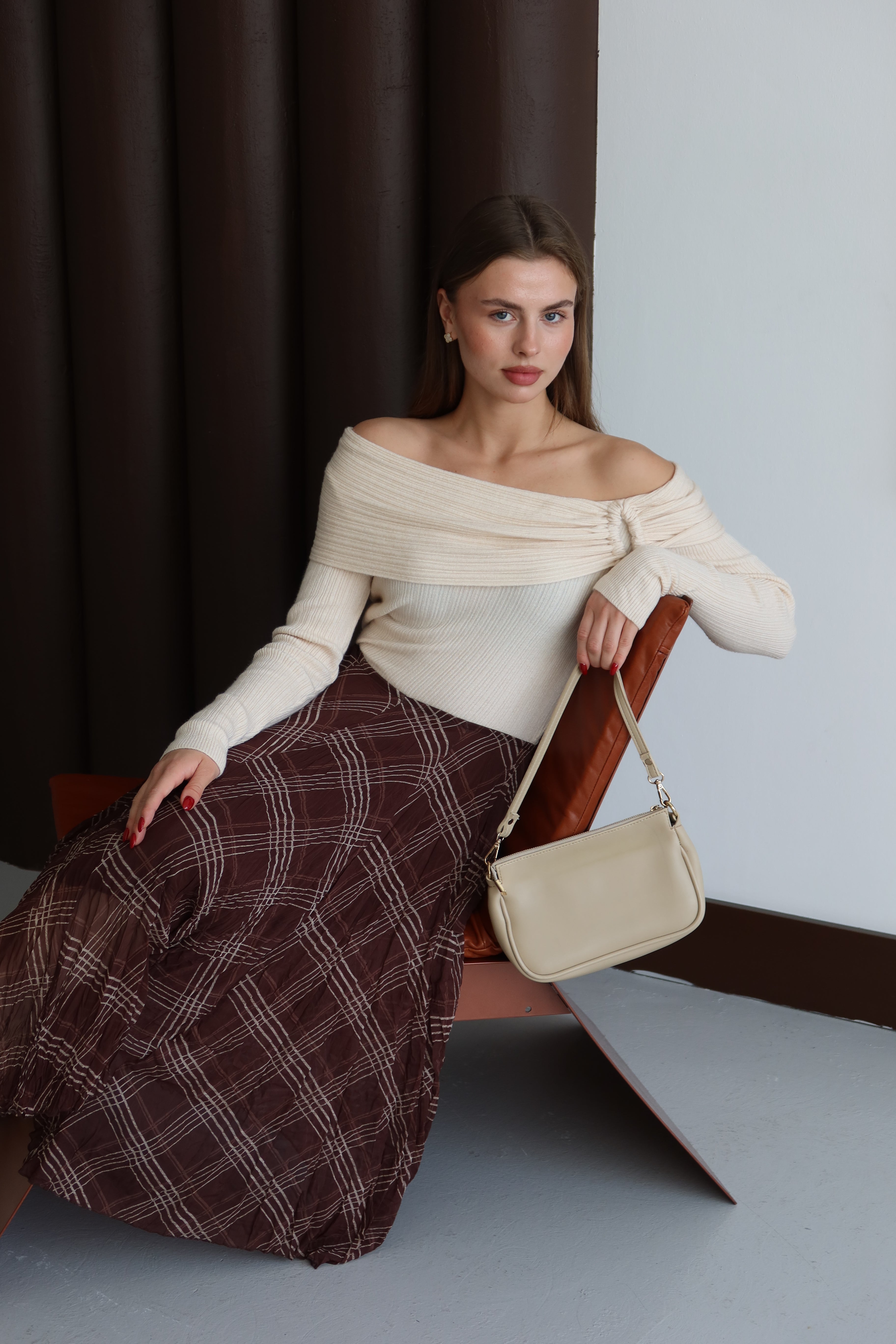 Kahverengi Kareli Astarlı Şifon Etek