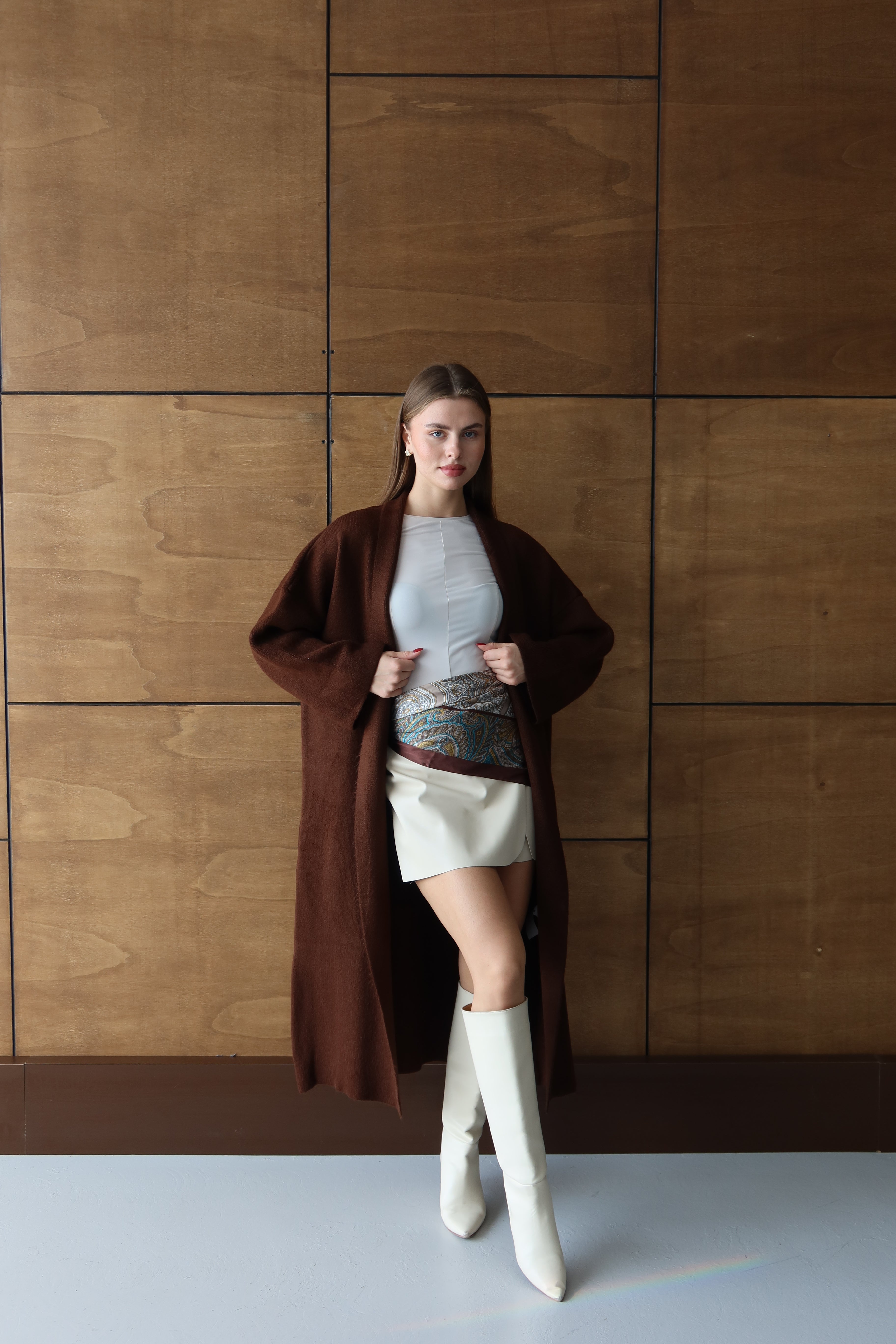 Kahverengi Salaş Triko Uzun Hırka