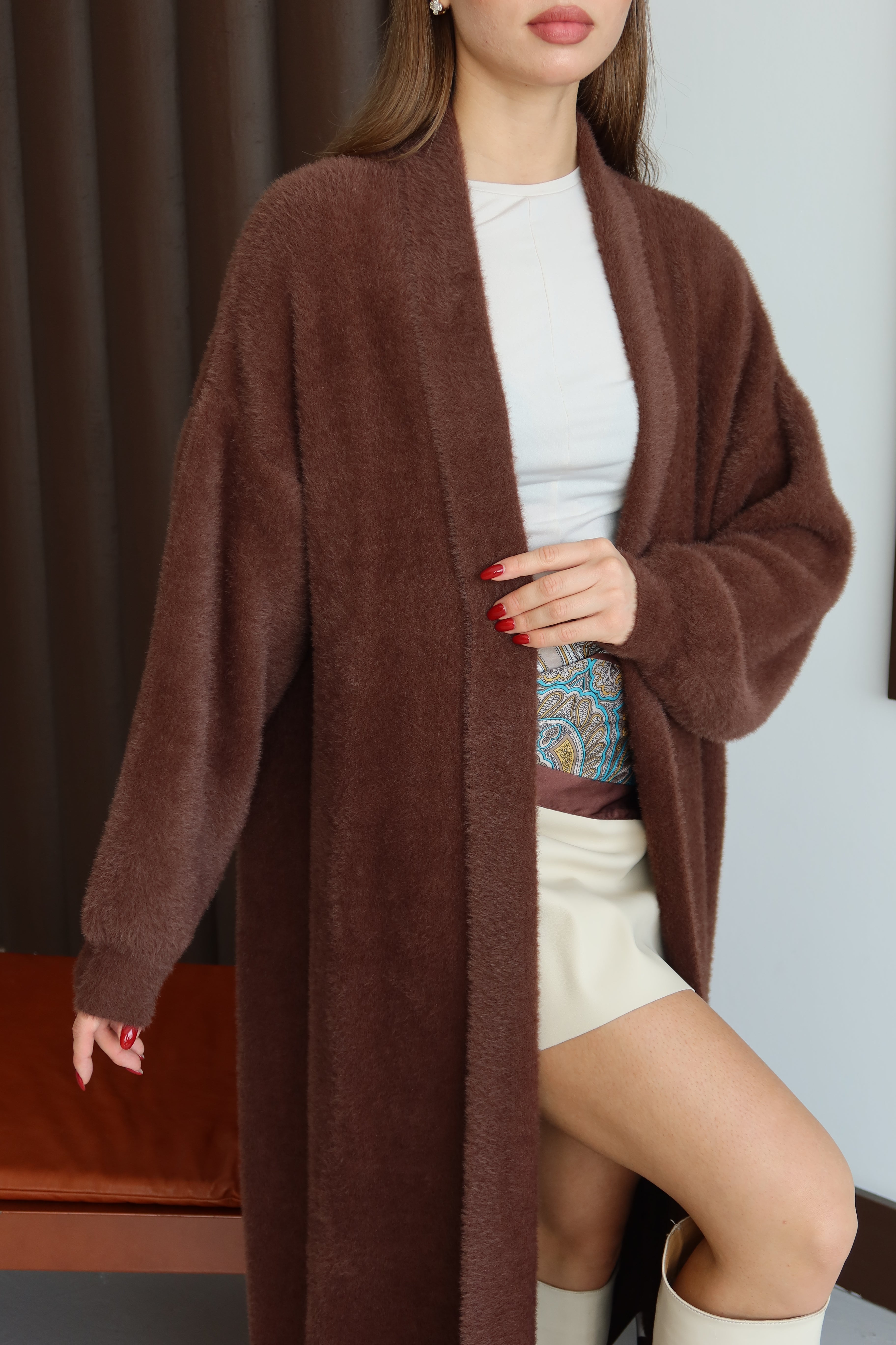 Kahverengi Sakallı Şal Yaka Uzun Hırka