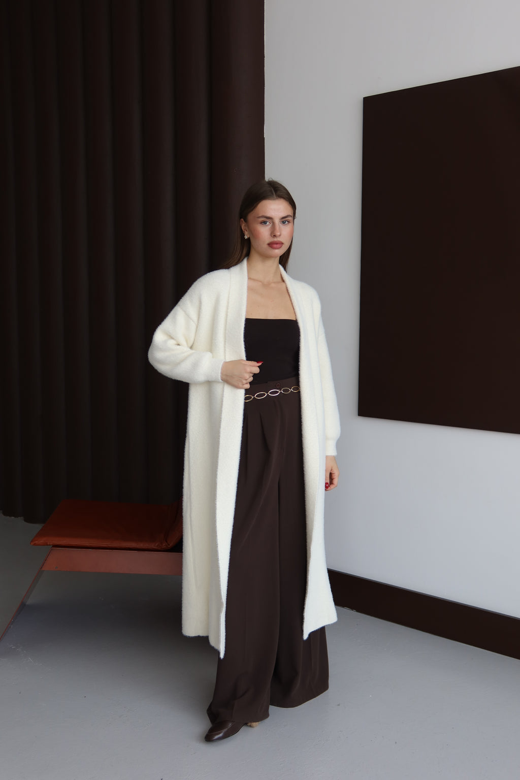 Ekru Sakallı Şal Yaka Uzun Hırka