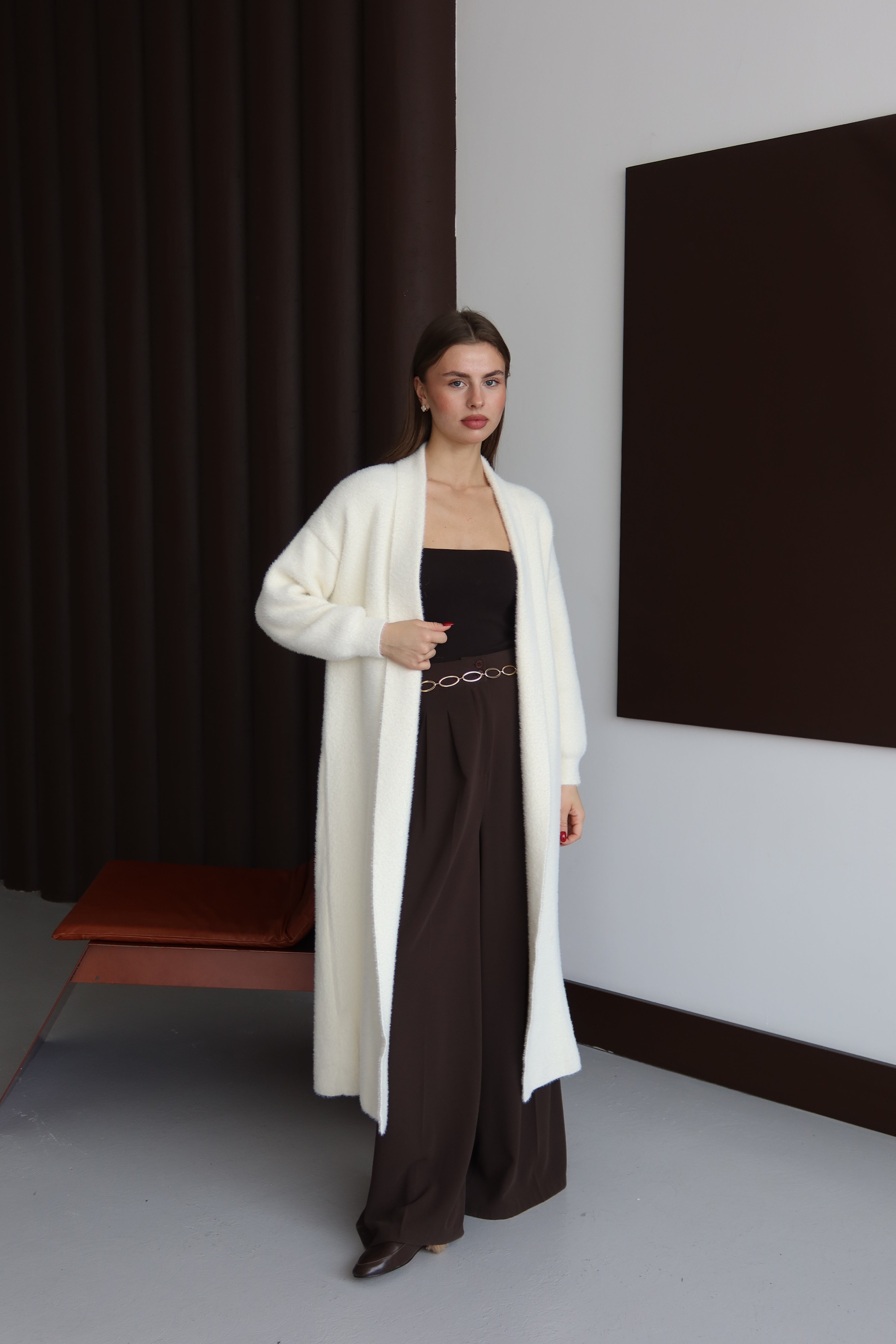 Ekru Sakallı Şal Yaka Uzun Hırka