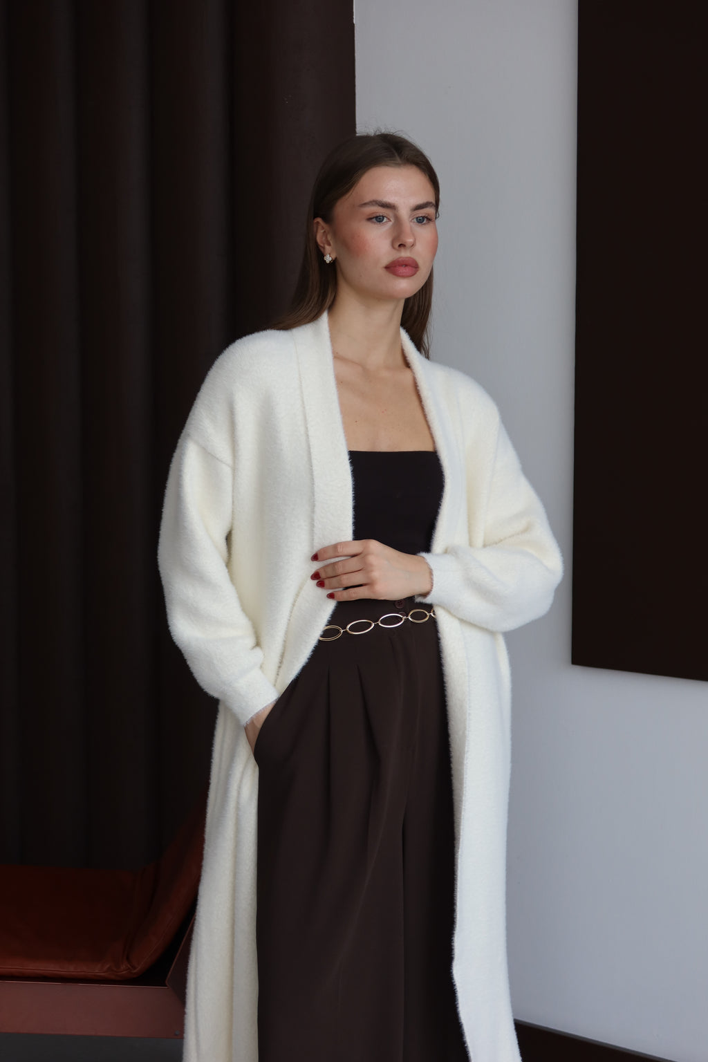 Ekru Sakallı Şal Yaka Uzun Hırka