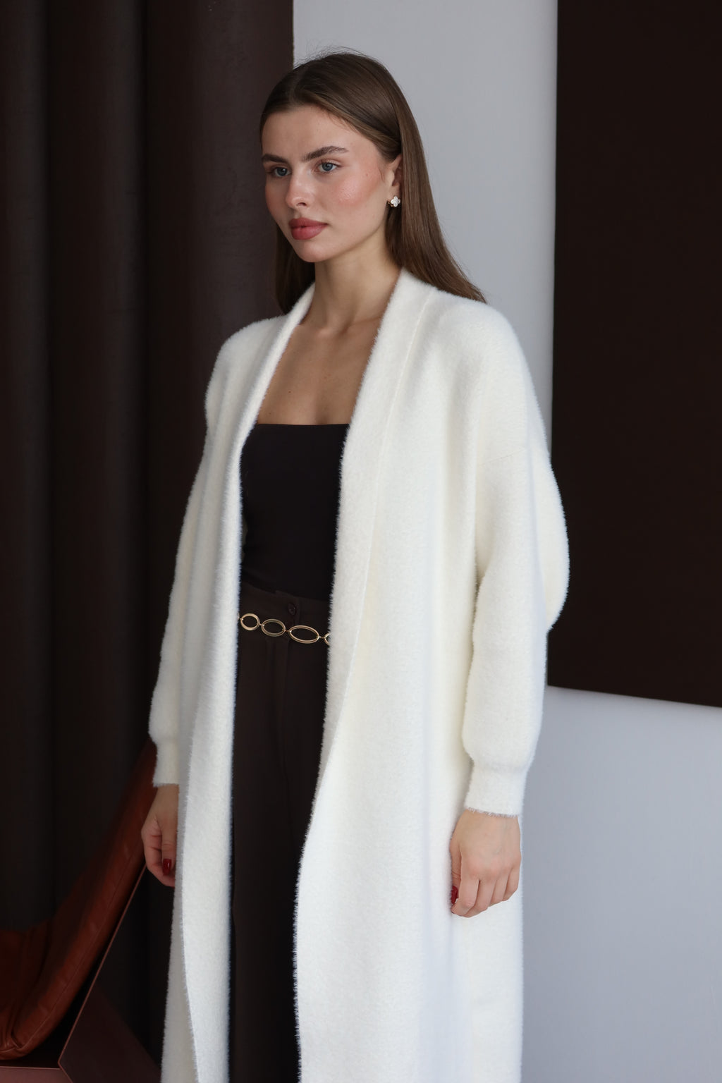 Ekru Sakallı Şal Yaka Uzun Hırka