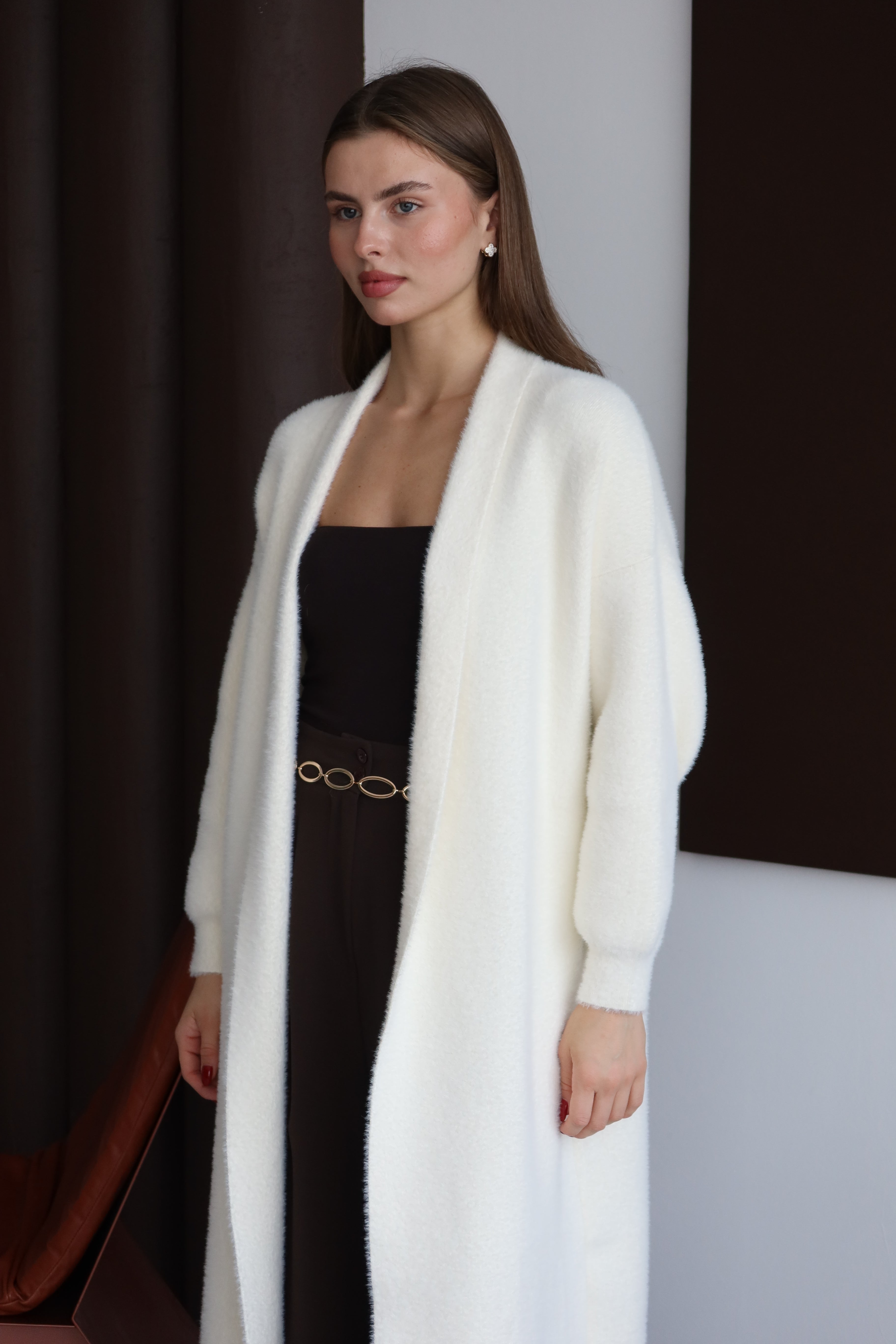 Ekru Sakallı Şal Yaka Uzun Hırka