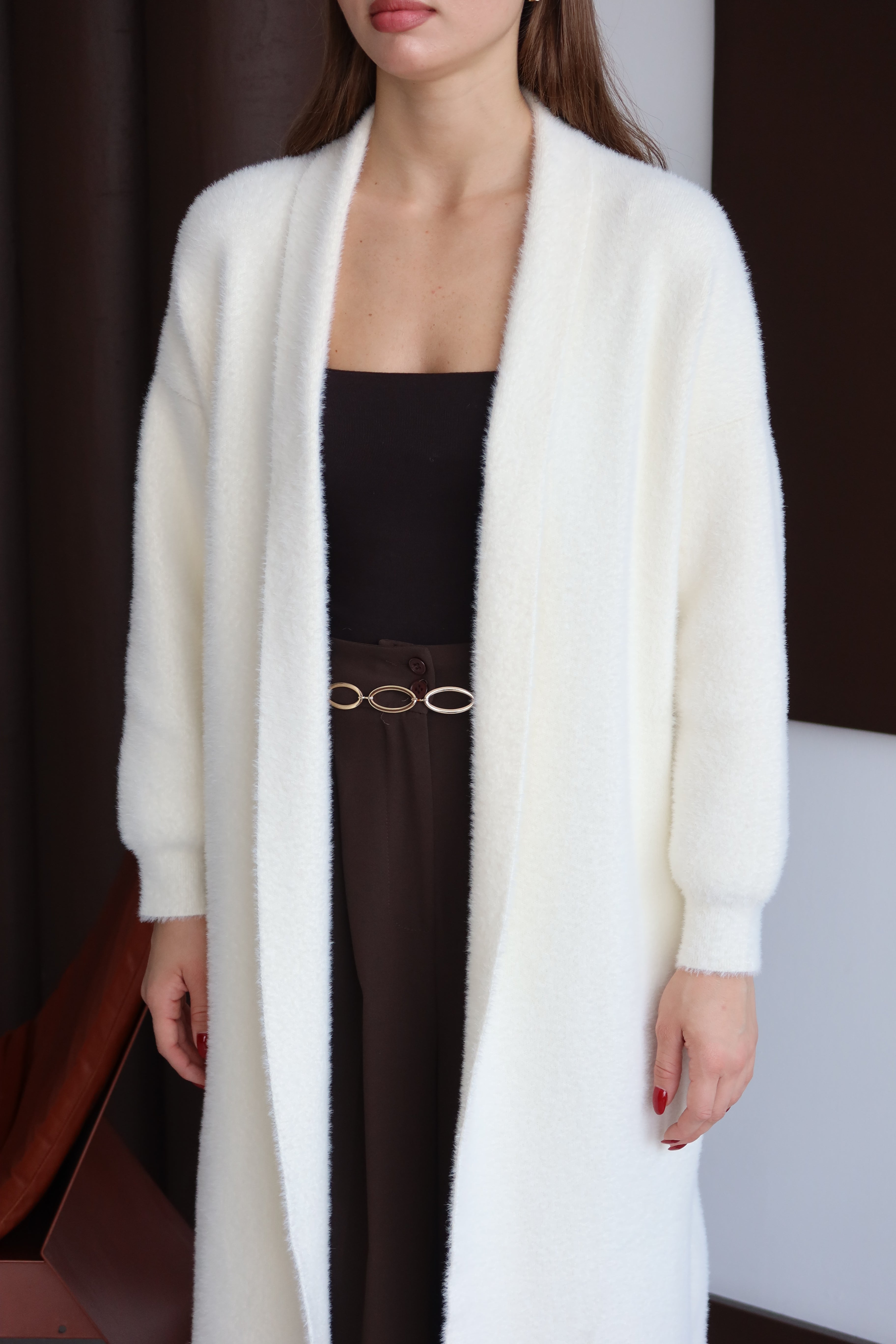 Ekru Sakallı Şal Yaka Uzun Hırka