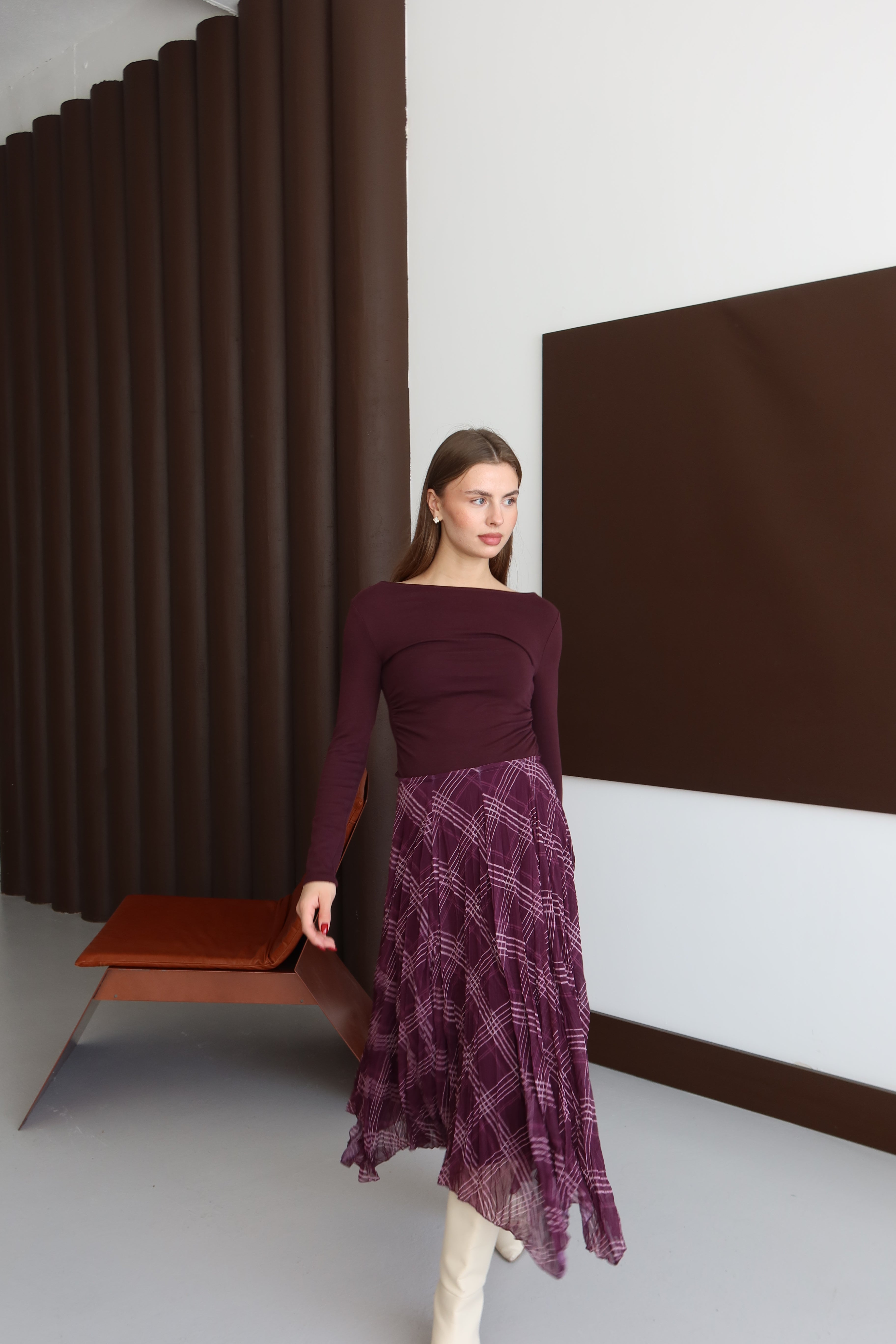 Mürdüm Kareli Astarlı Şifon Etek