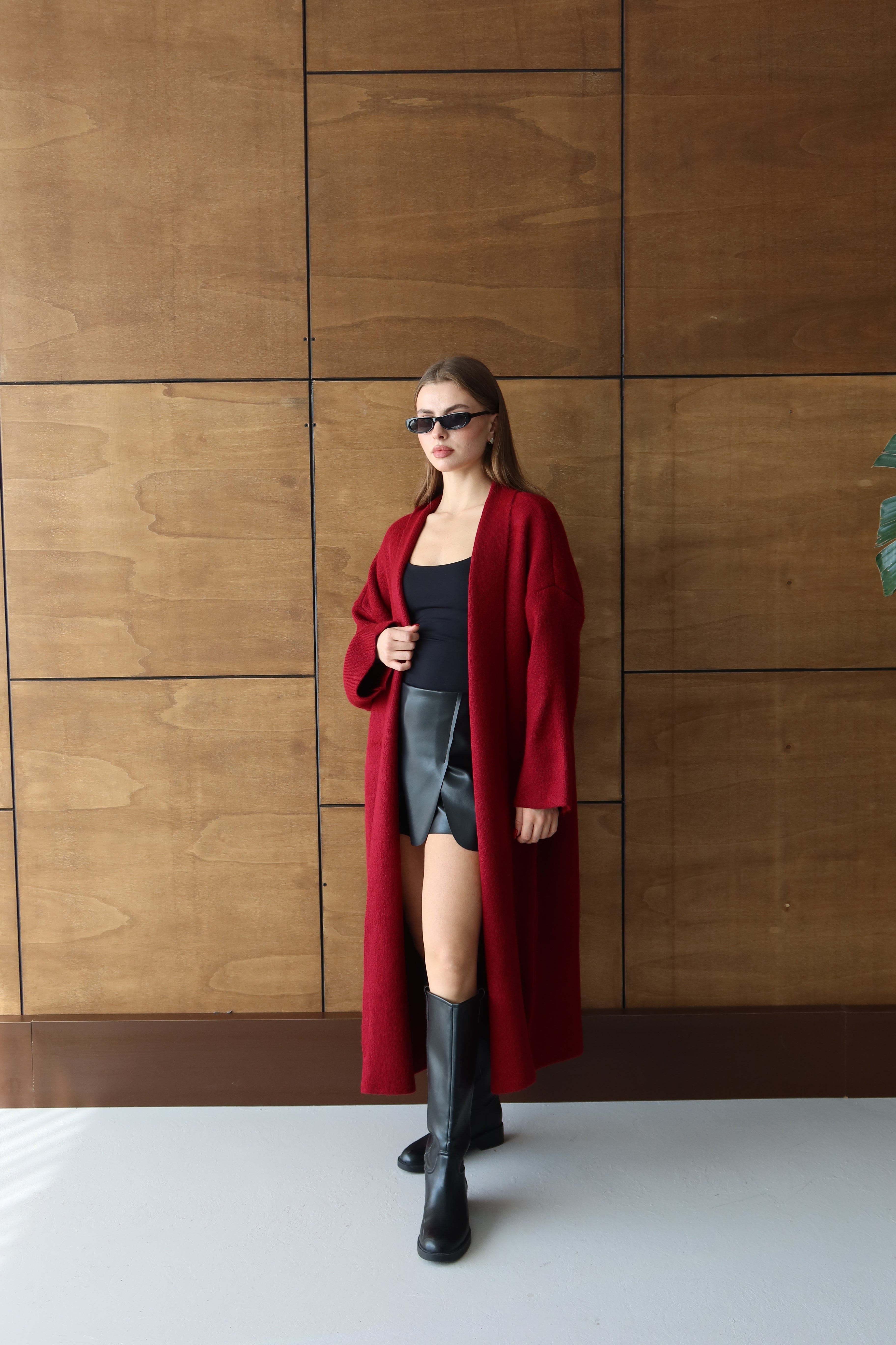 Kırmızı Salaş Triko Uzun Hırka