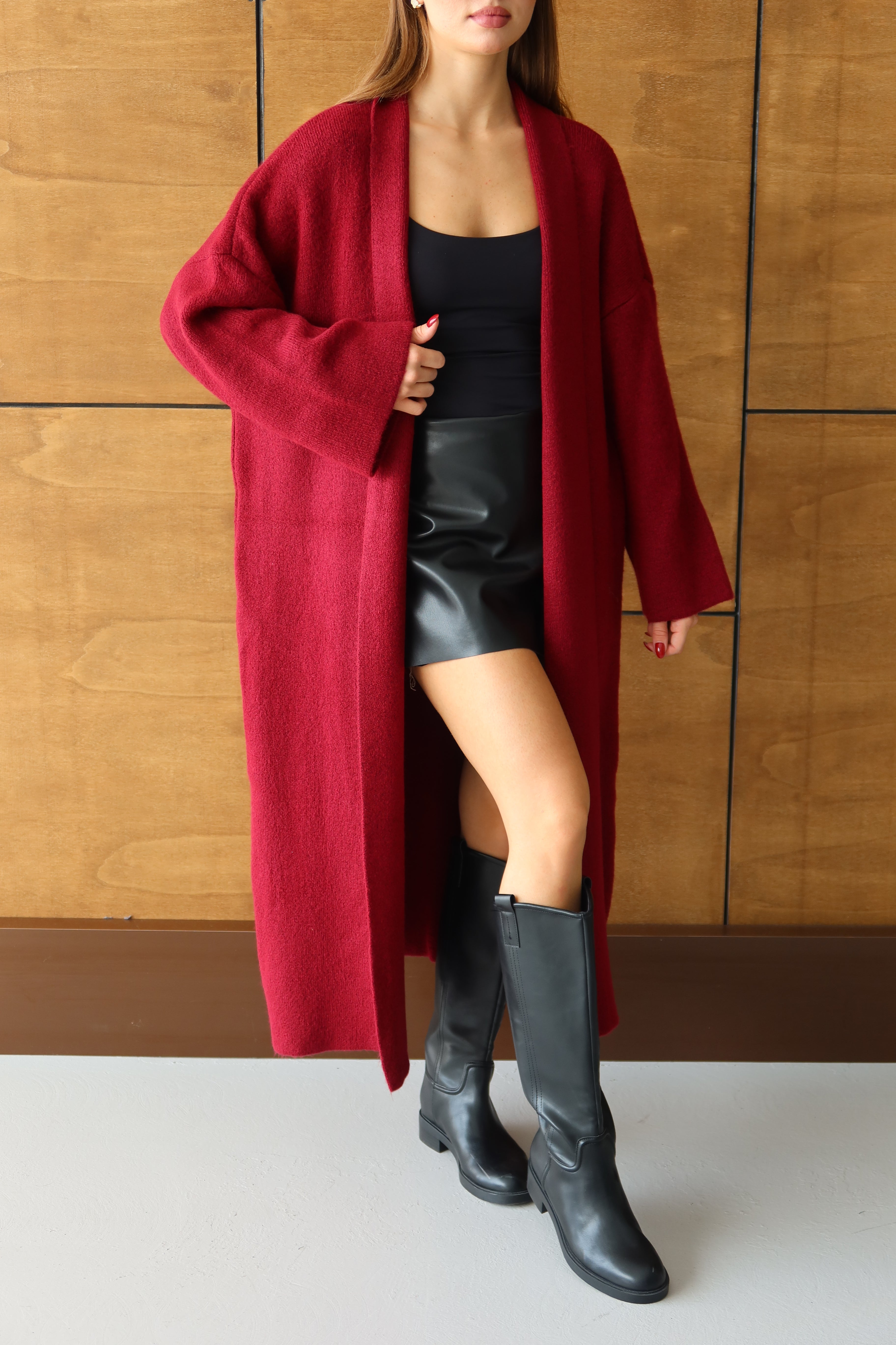 Kırmızı Salaş Triko Uzun Hırka