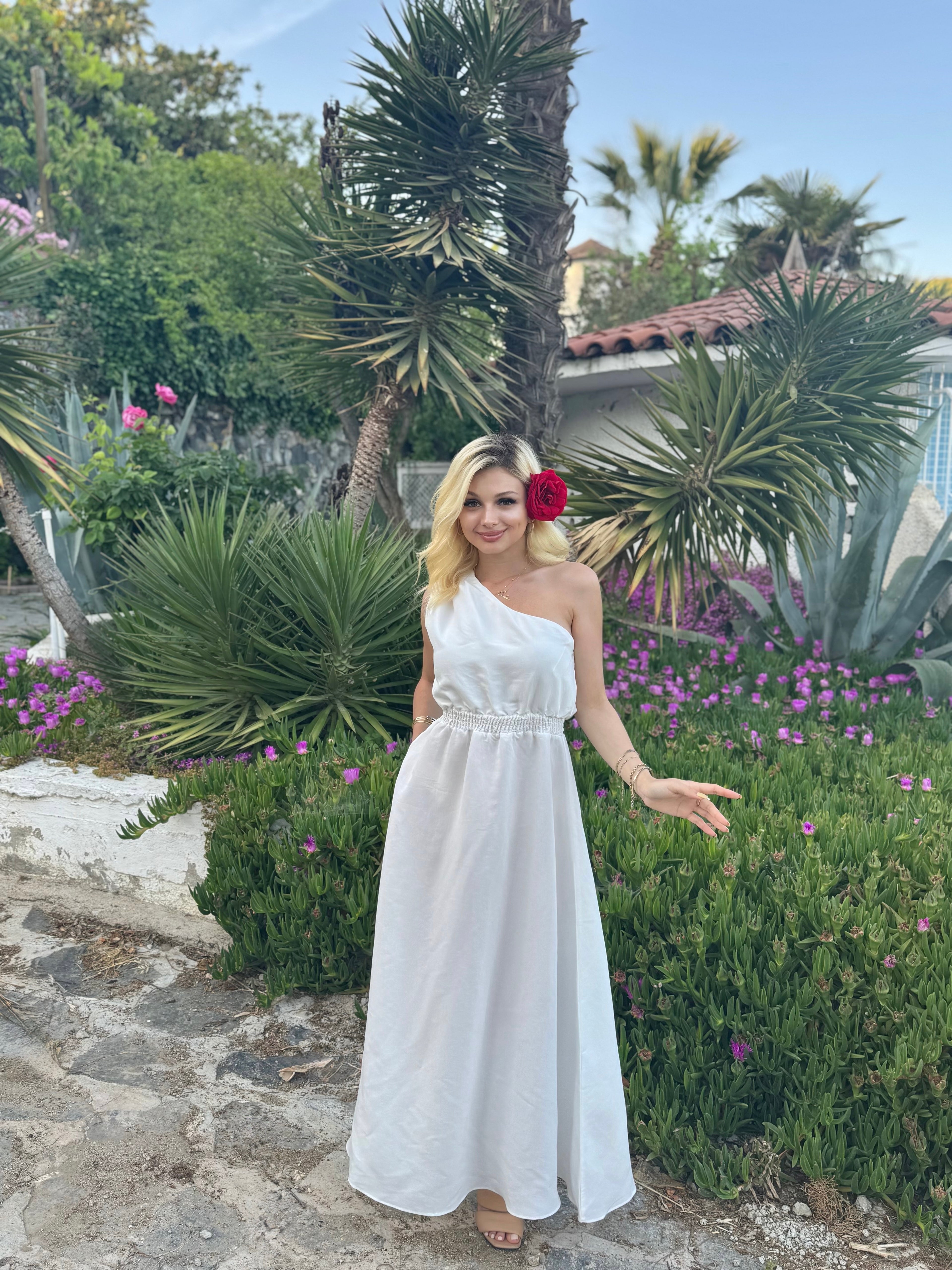 Beli Lastikli Tek Omuz Midi Elbise