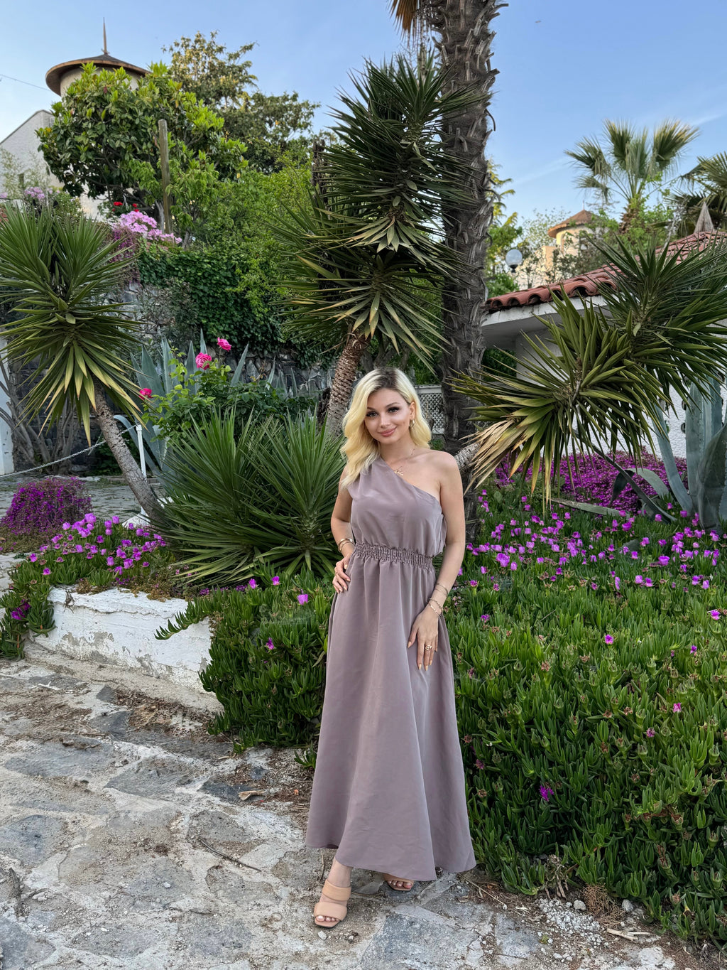 Beli Lastikli Tek Omuz Midi Elbise