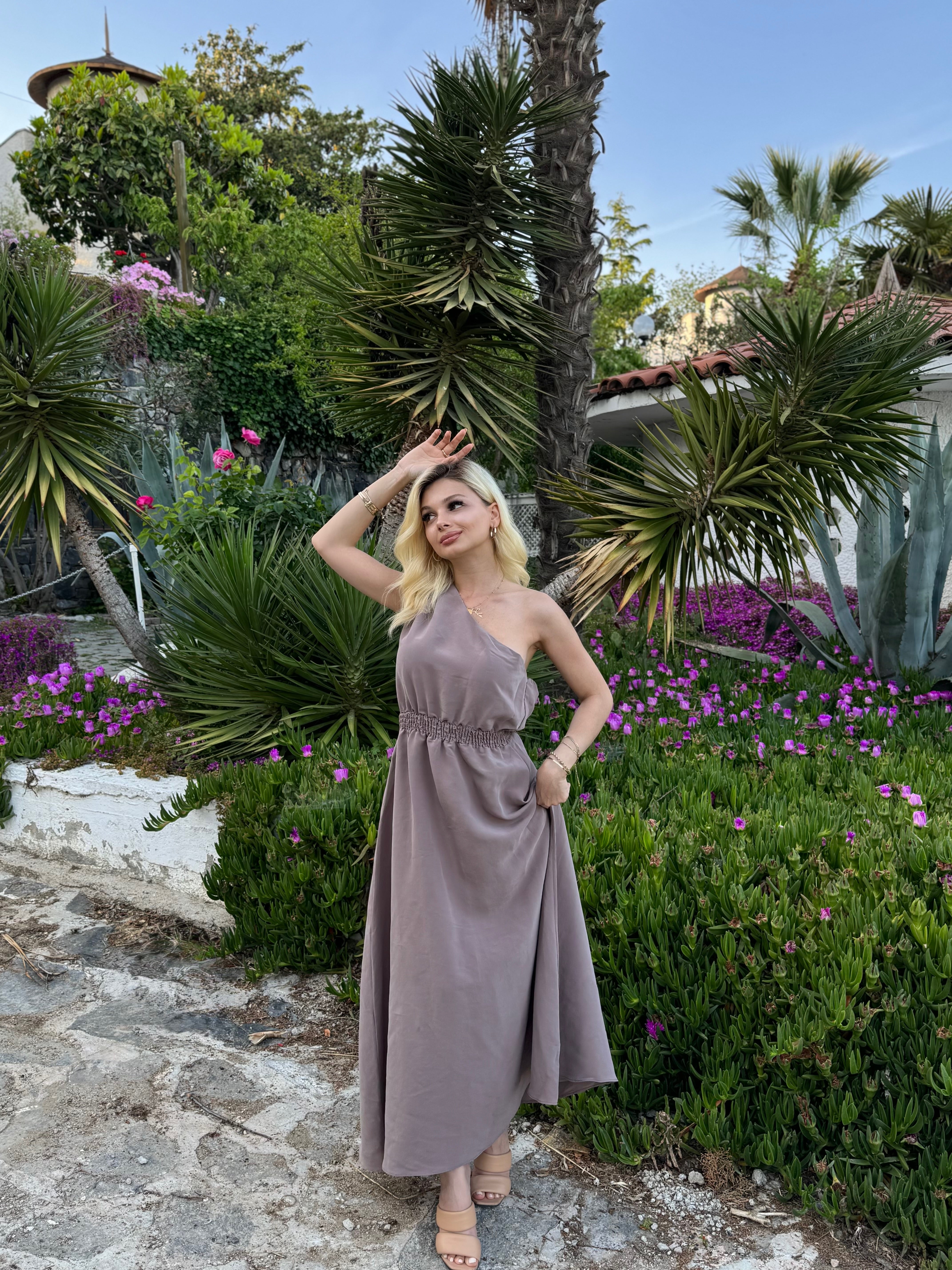 Beli Lastikli Tek Omuz Midi Elbise