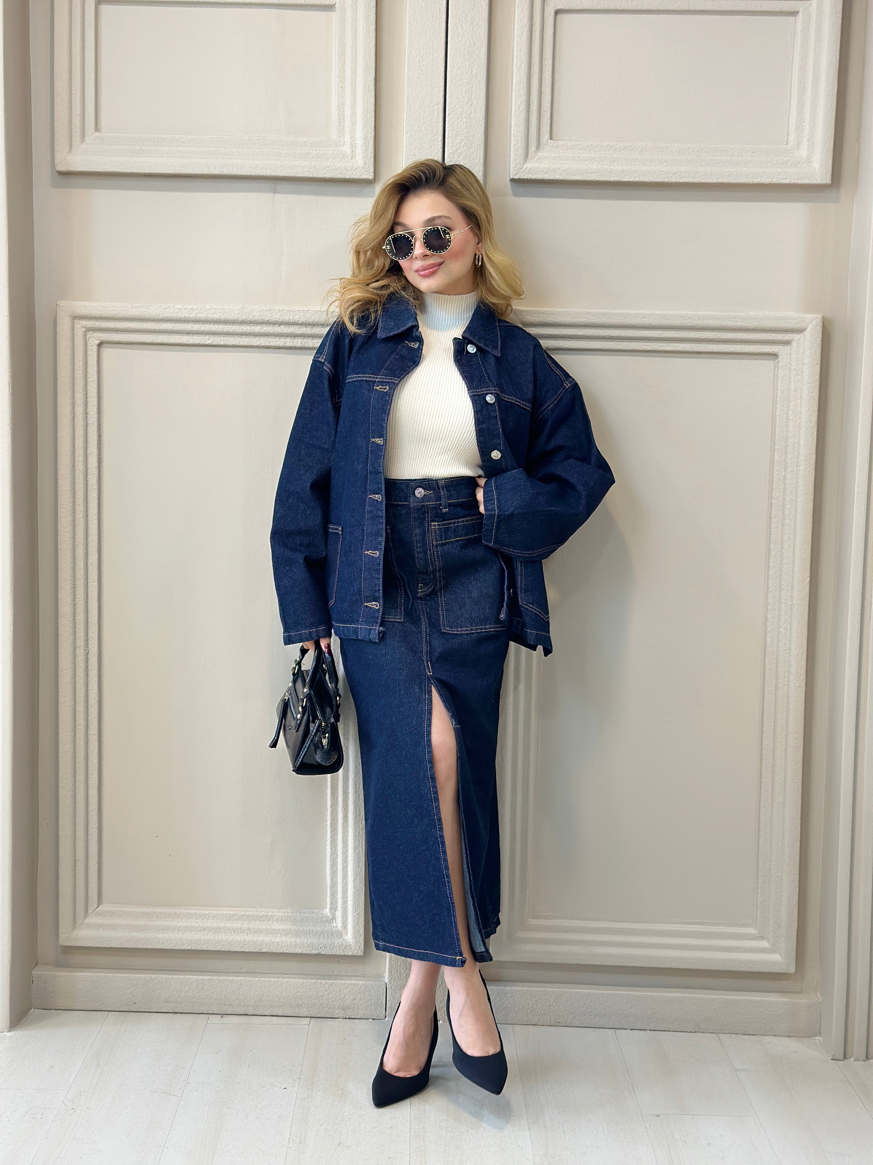 Kontrast Dikişli Çift Cepli Kot Ceket Etek Takım