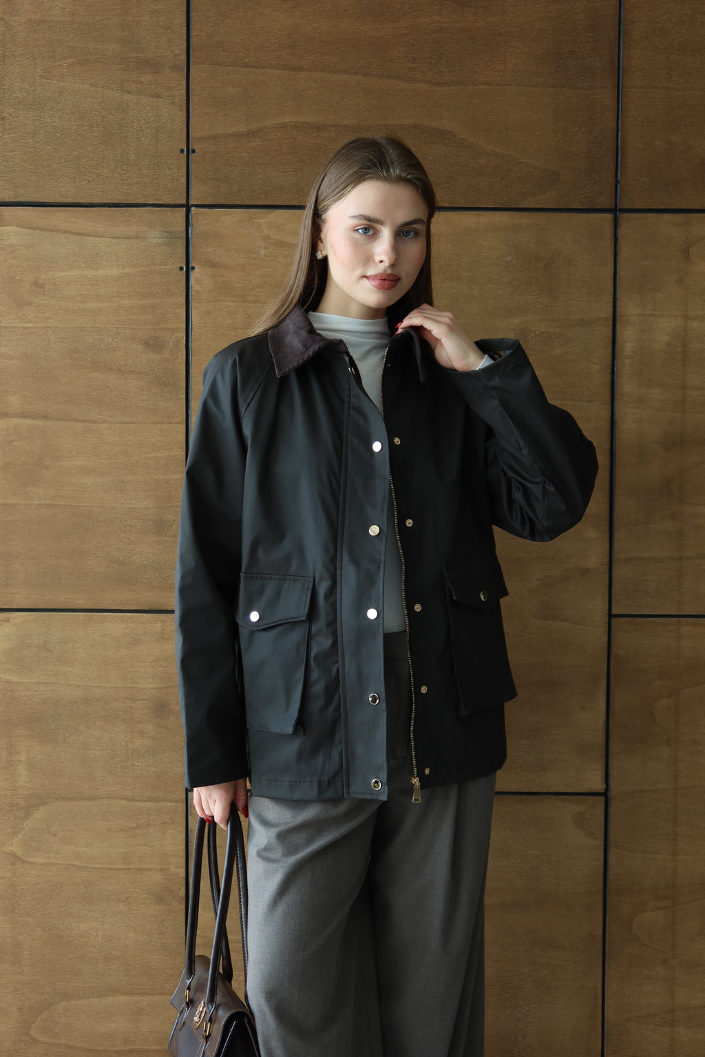 Süet Yaka Çıtçıtlı Mumlu Ceket