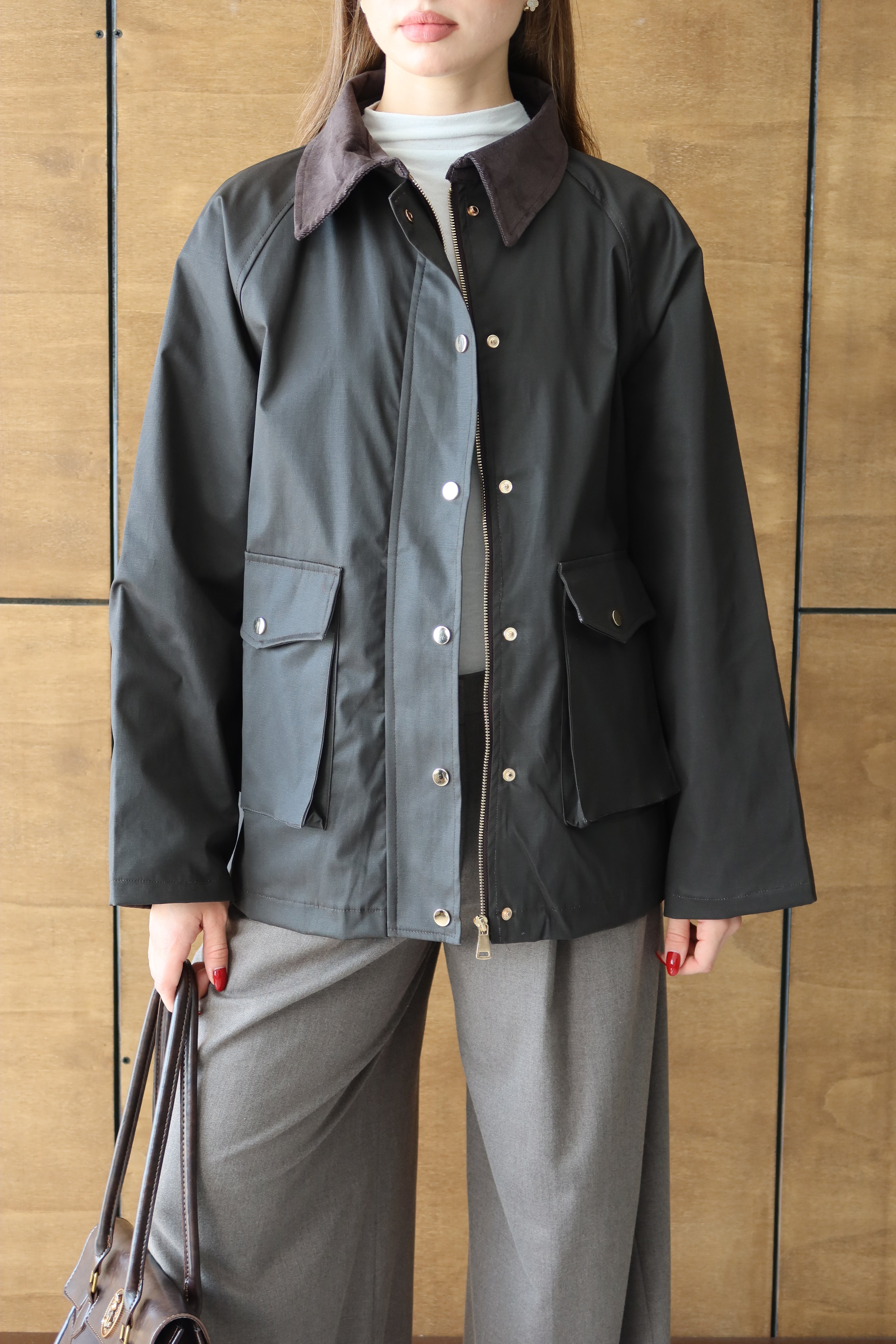 Süet Yaka Çıtçıtlı Mumlu Ceket