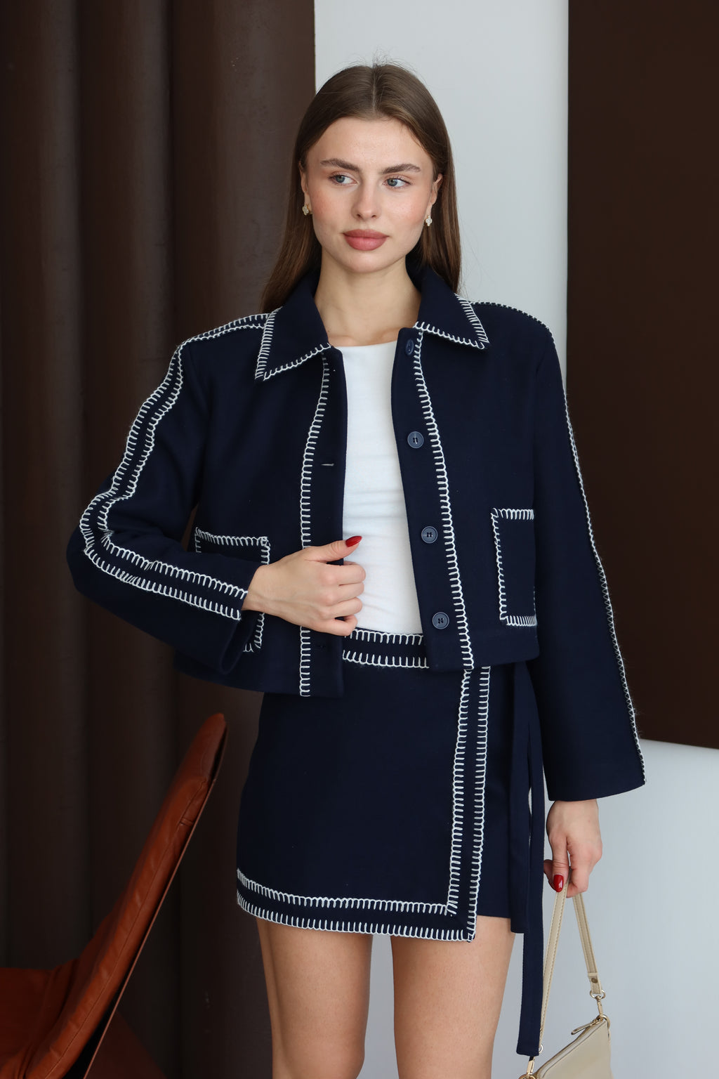 Lacivert Dikiş Detaylı Şortlu Etek Ceket Takım