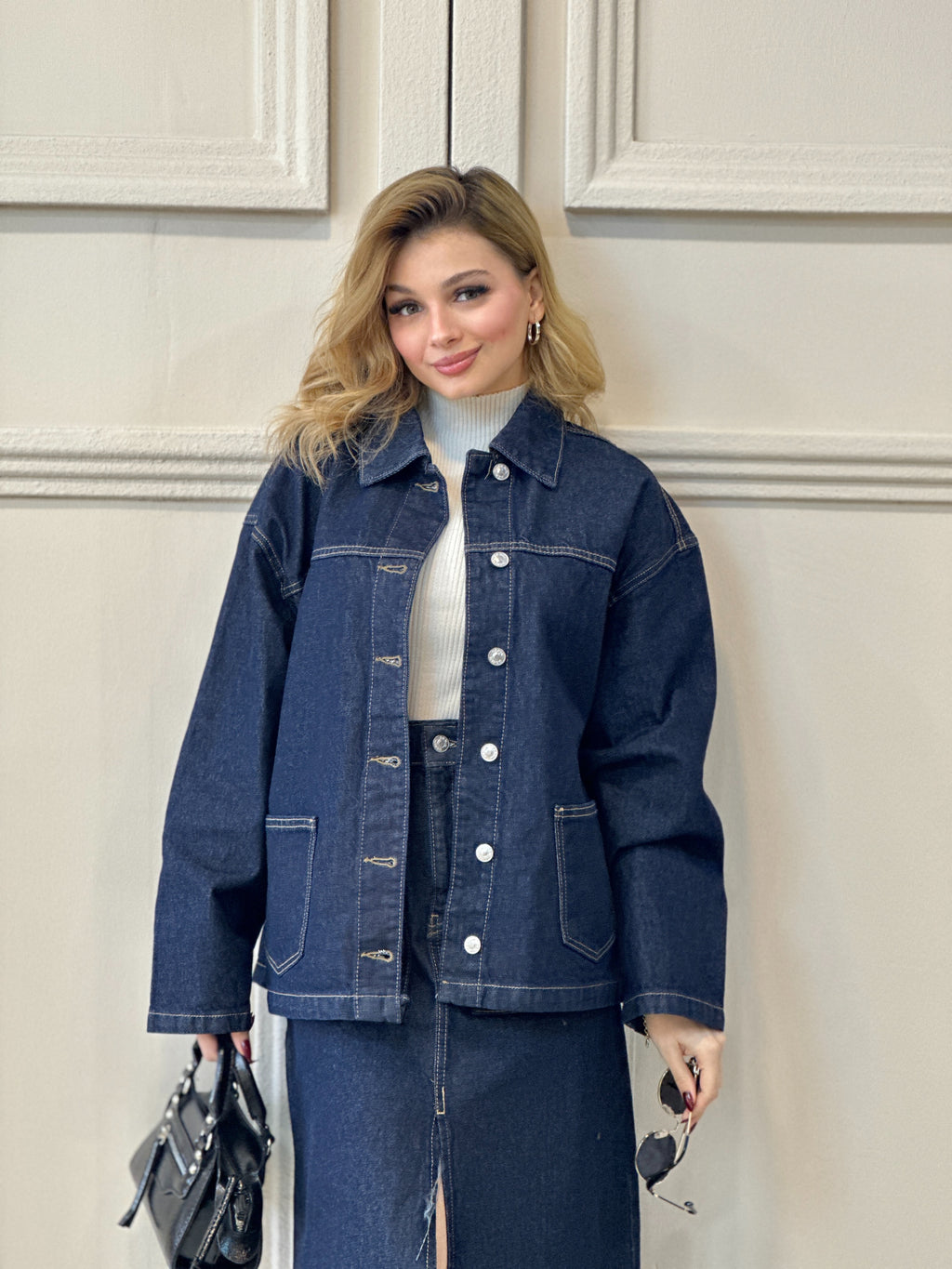 Kontrast Dikişli Çift Cepli Kot Ceket Etek Takım