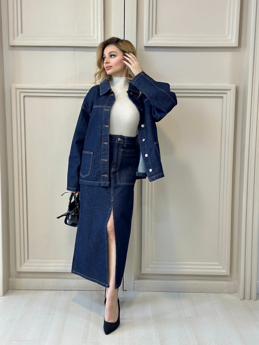 Kontrast Dikişli Çift Cepli Kot Ceket Etek Takım