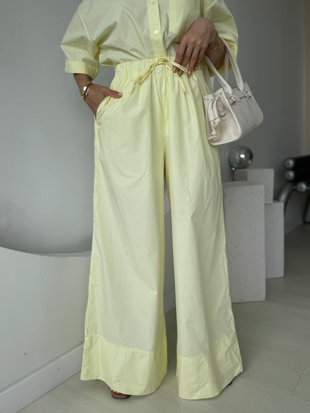 Sarı Kısa Kollu Palazzo Pantolon Takım