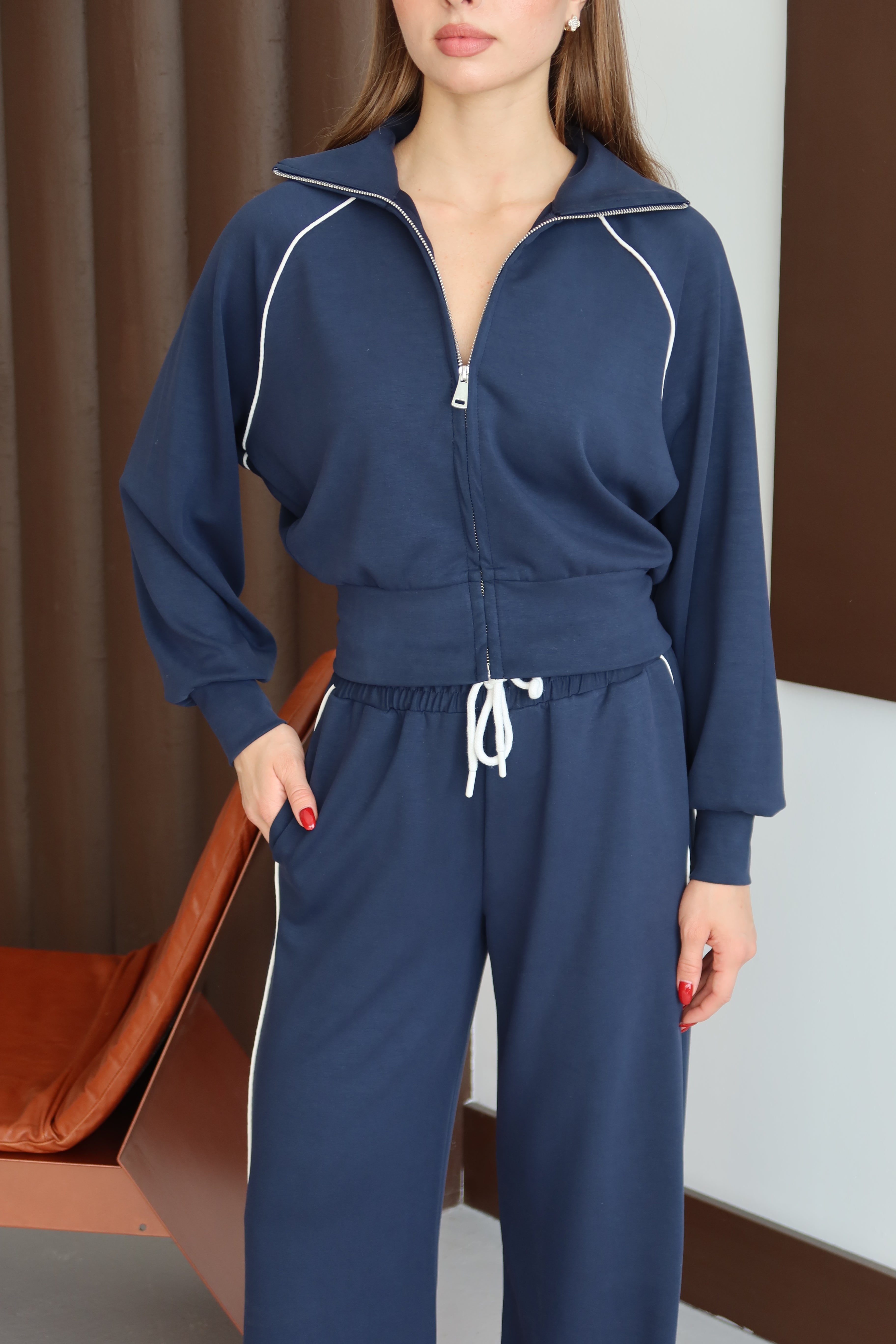 Lacivert Biye Detaylı Beli Lastikli Eşofman Takım