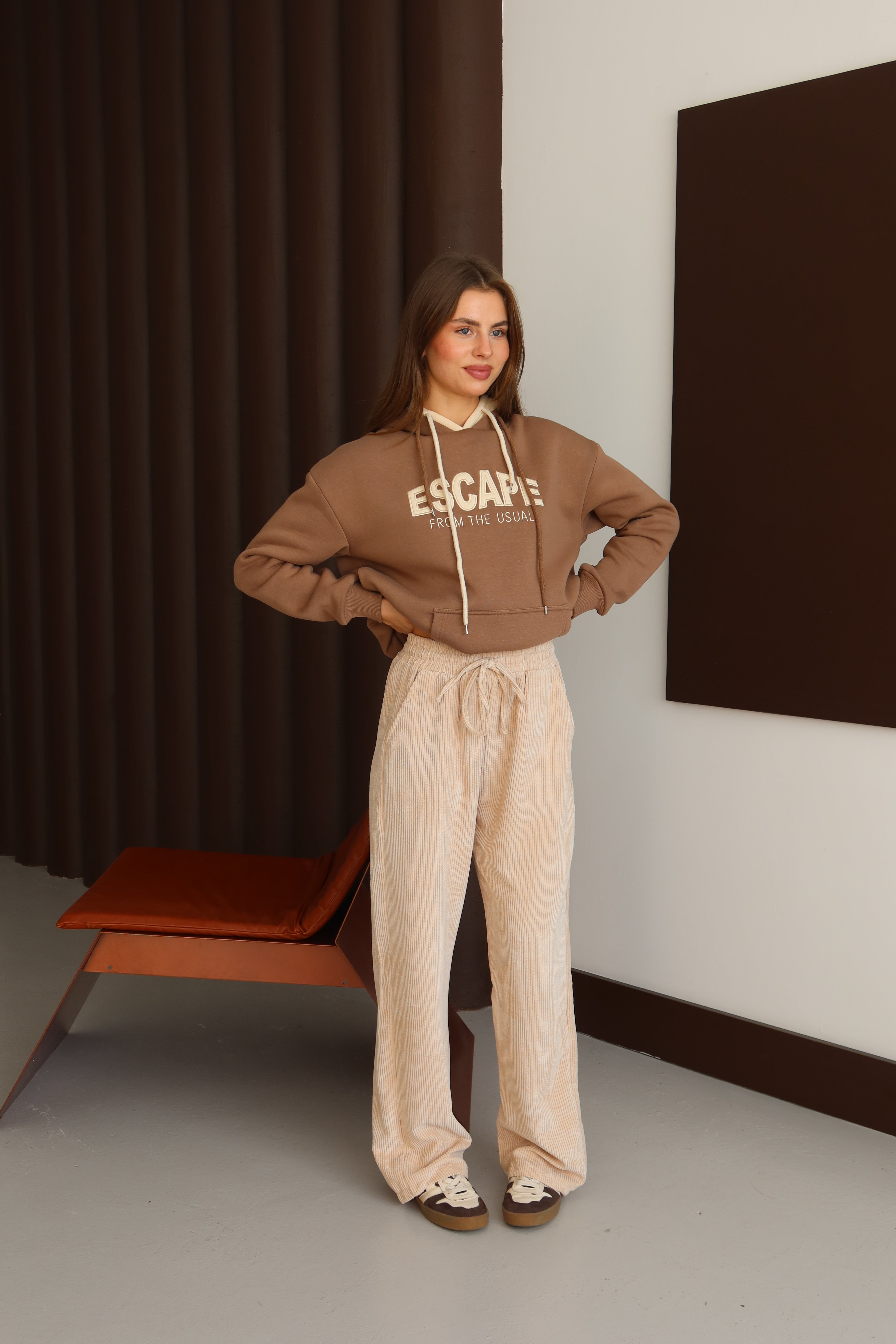 Ekru Kadife Fitilli Pantolon