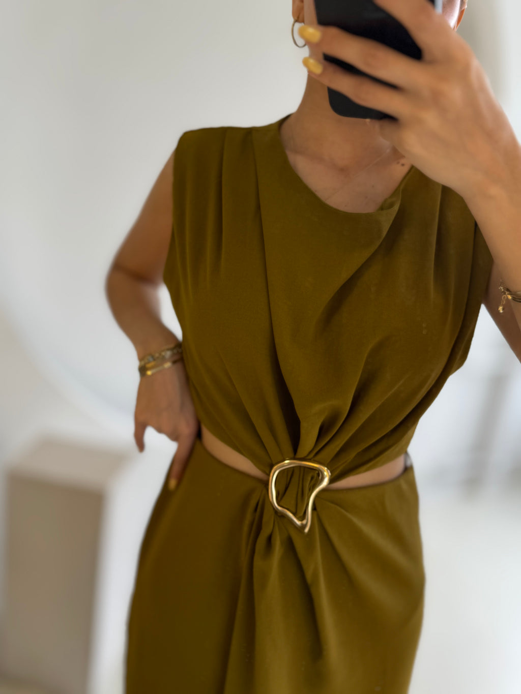 Yağ Yeşili Gold Tokalı Bel Detaylı Elbise