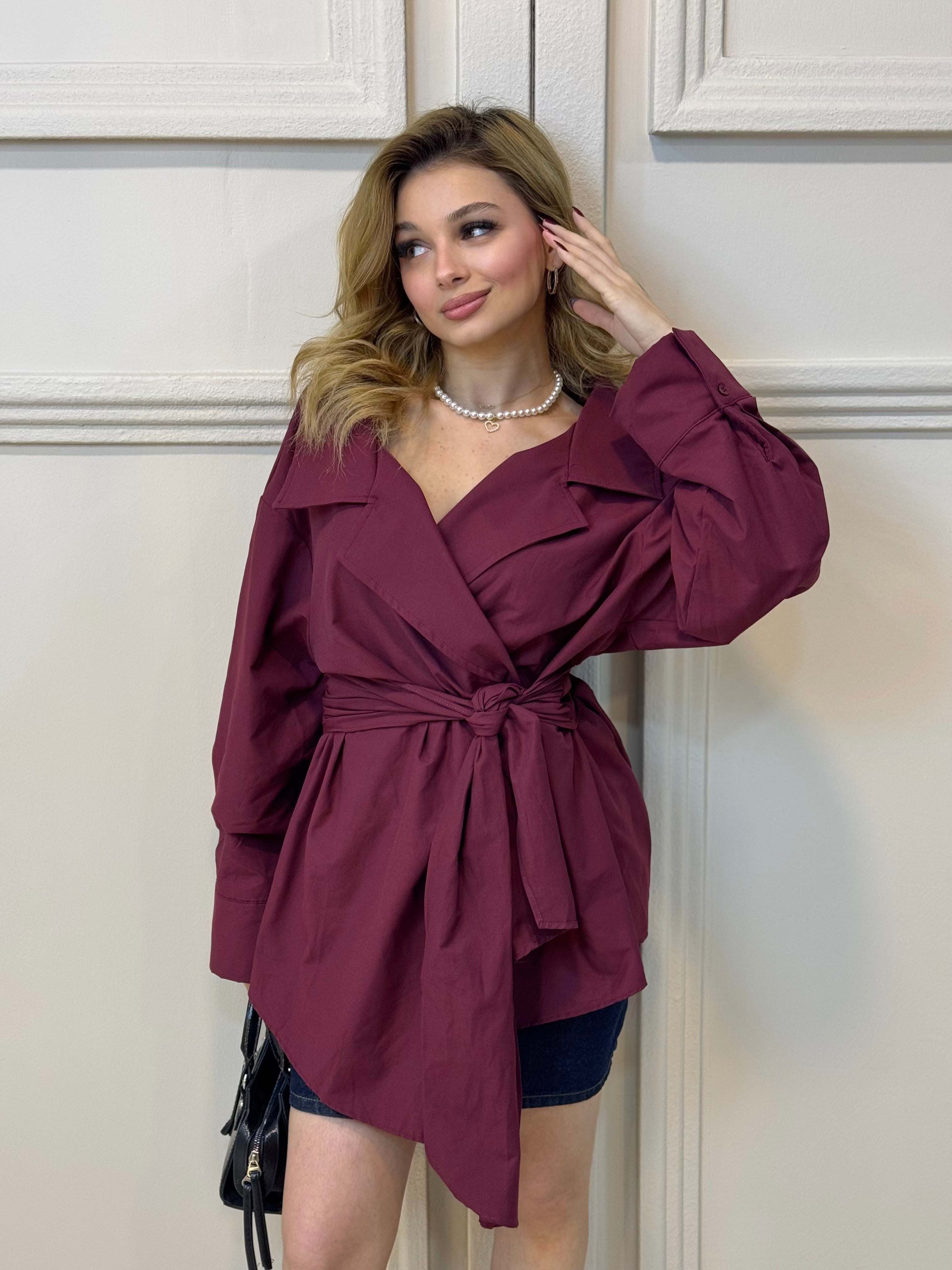 Bordo Açık Yaka Kuşaklı Gömlek