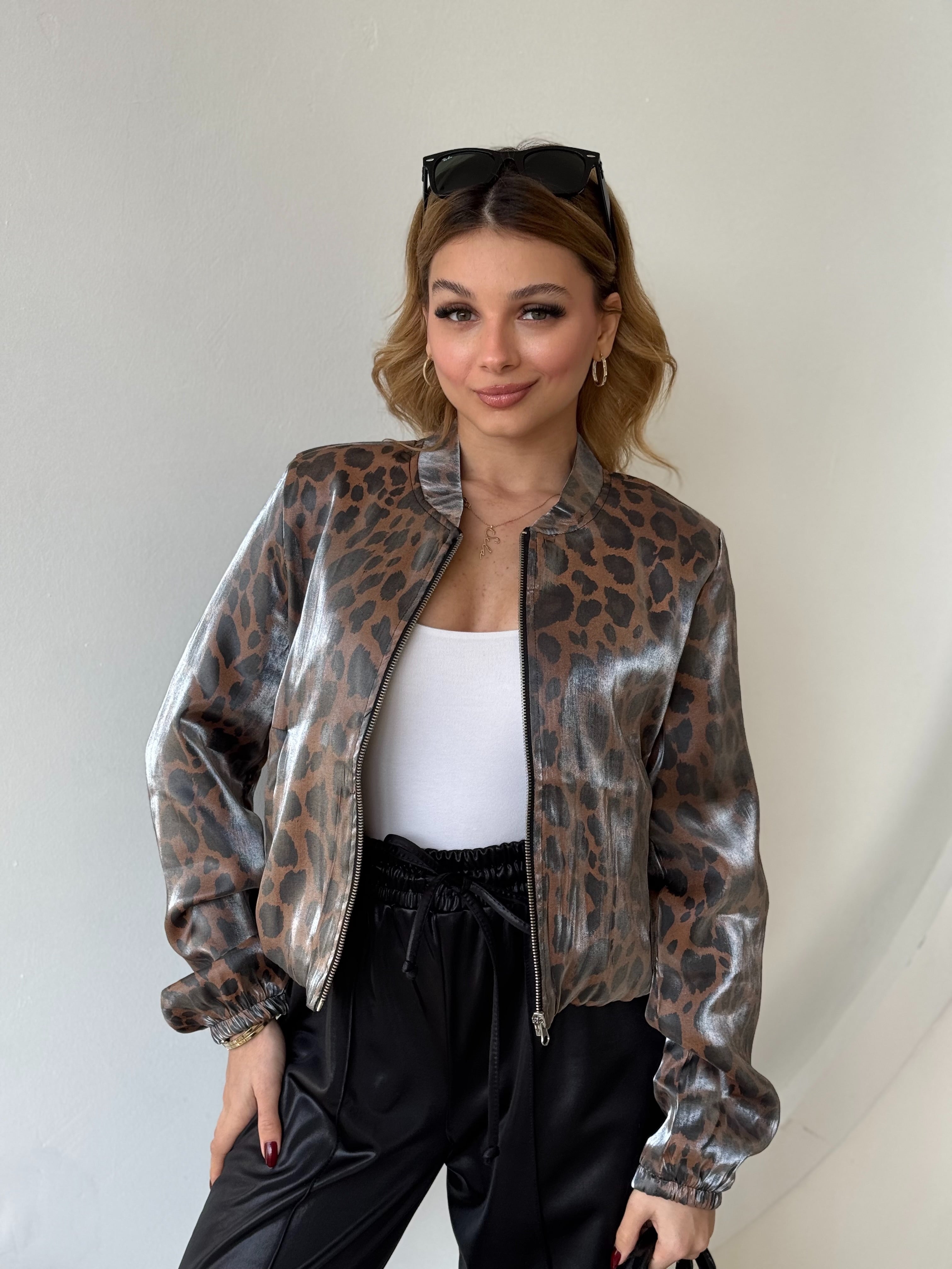 Saten Leopar Desen Bomber Ceket