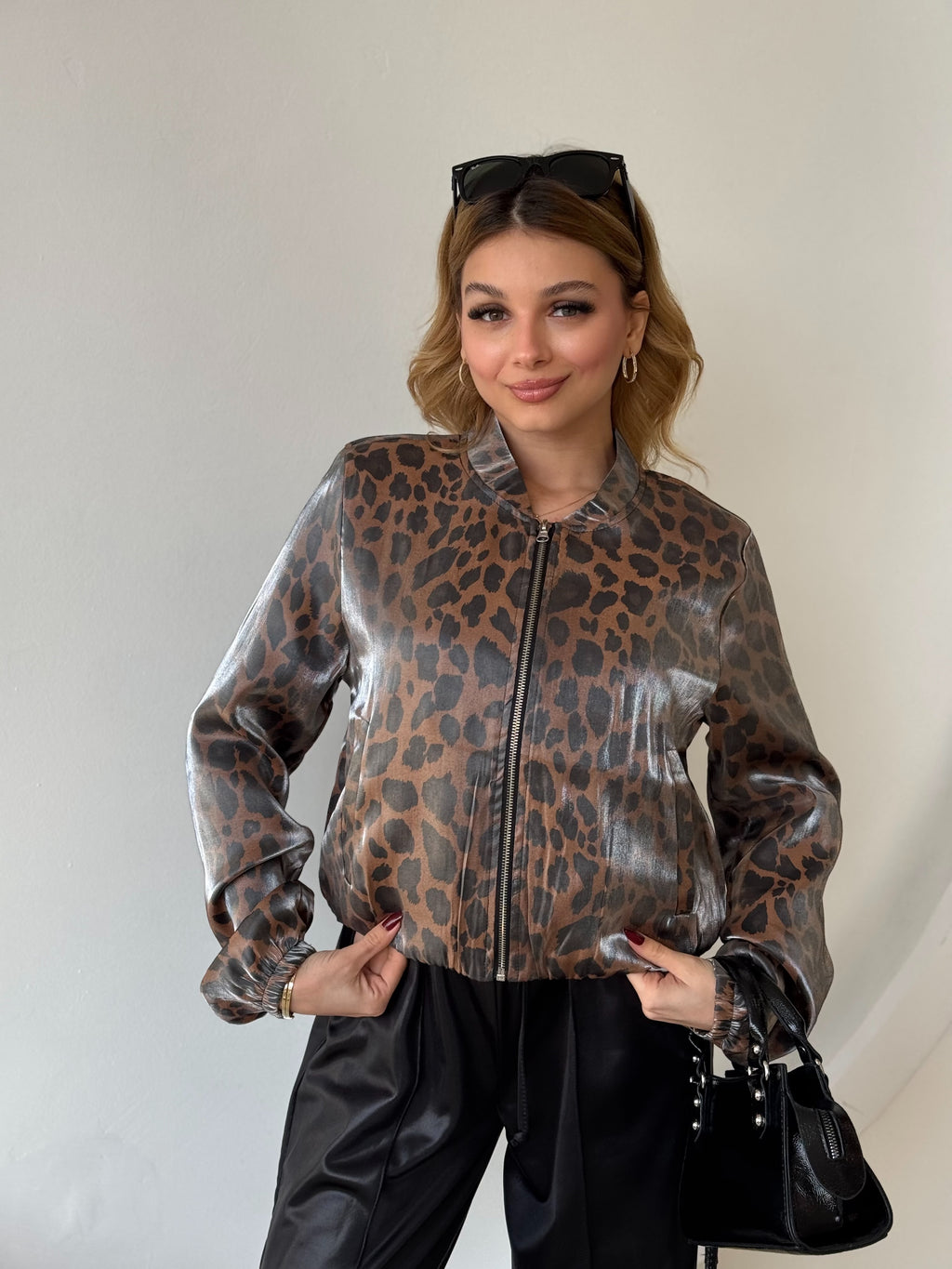 Saten Leopar Desen Bomber Ceket