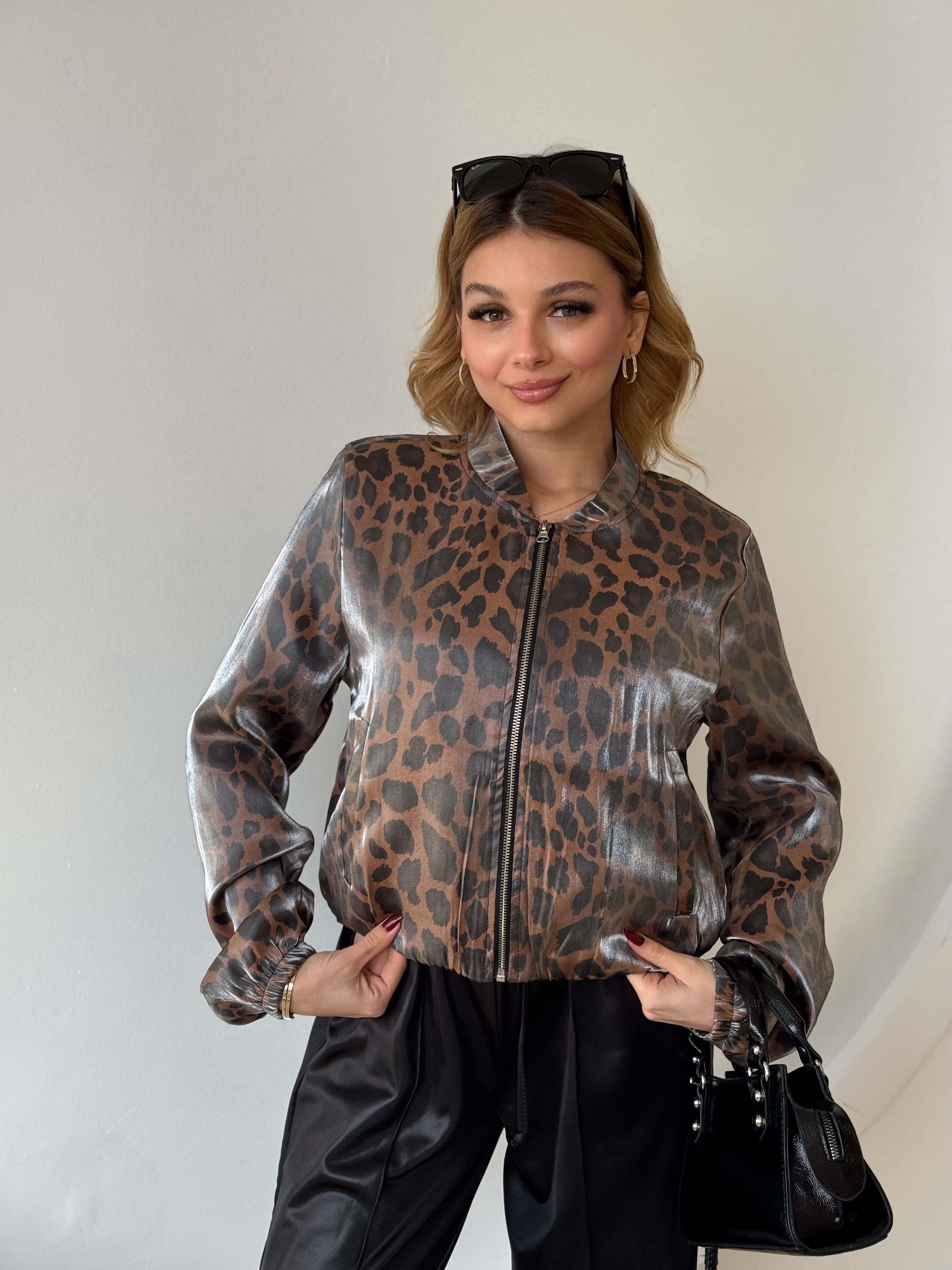 Saten Leopar Desen Bomber Ceket