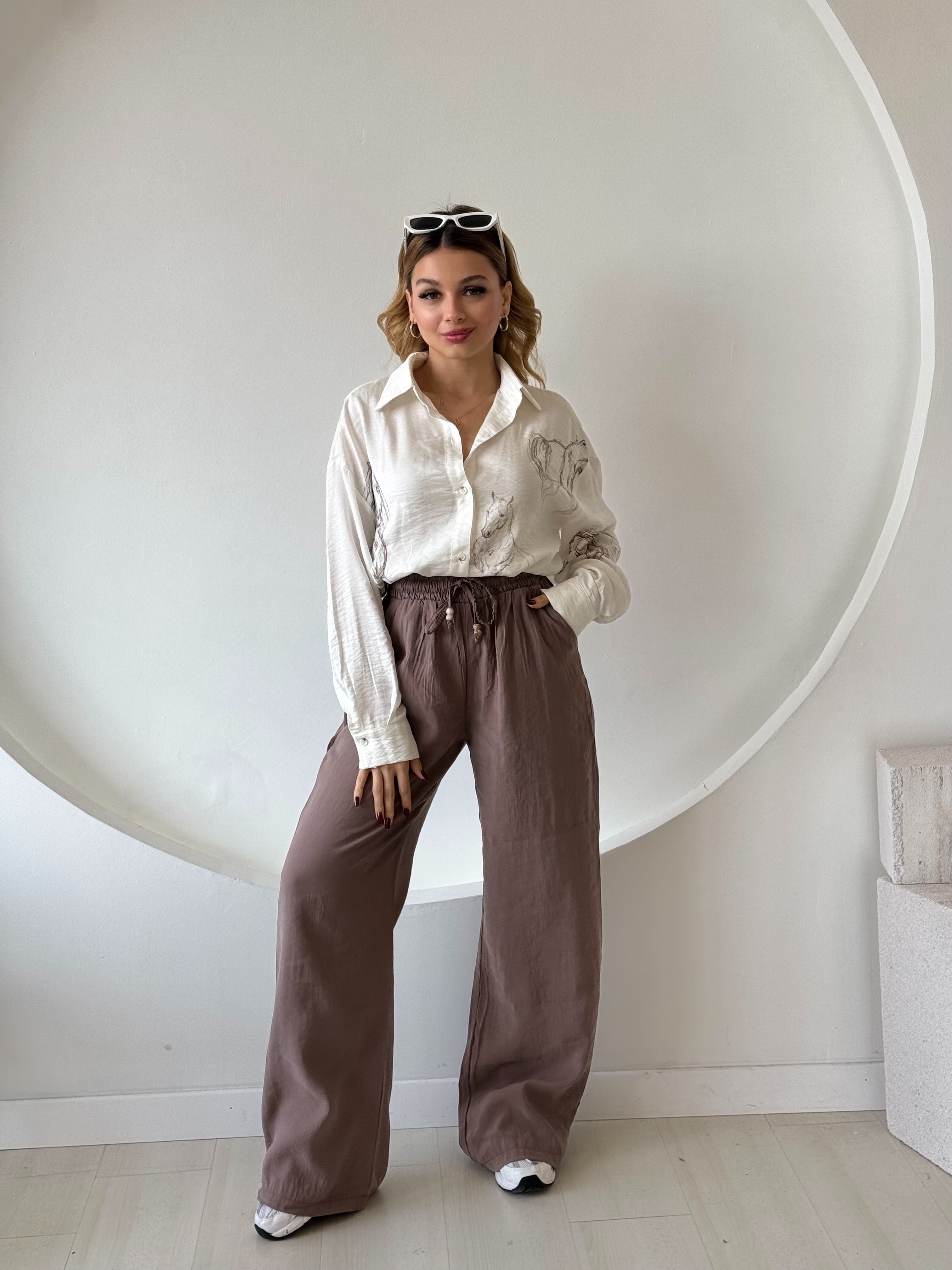 Kahverengi Beli Lastikli Bol Paça Pantolon