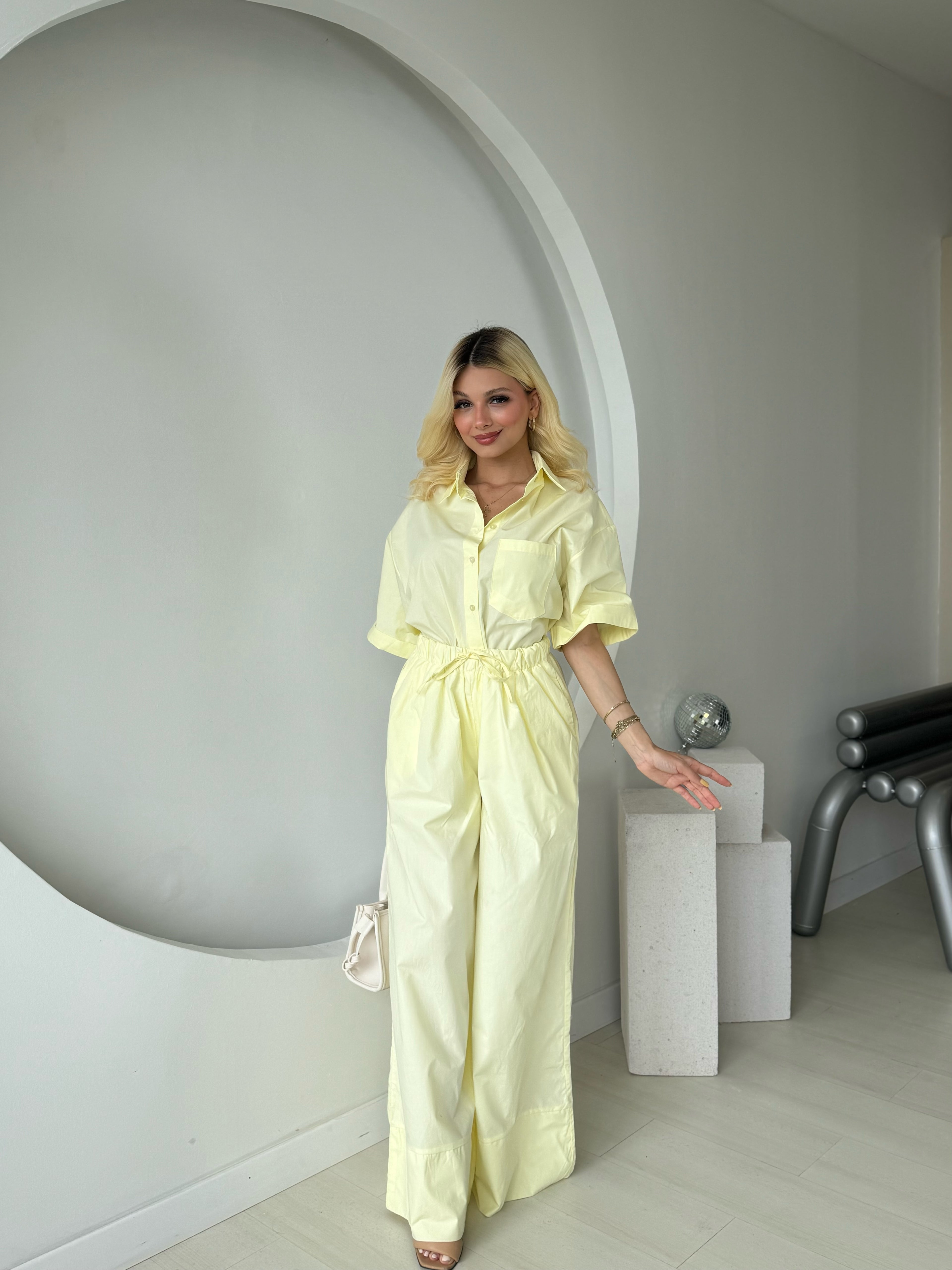 Sarı Kısa Kollu Palazzo Pantolon Takım