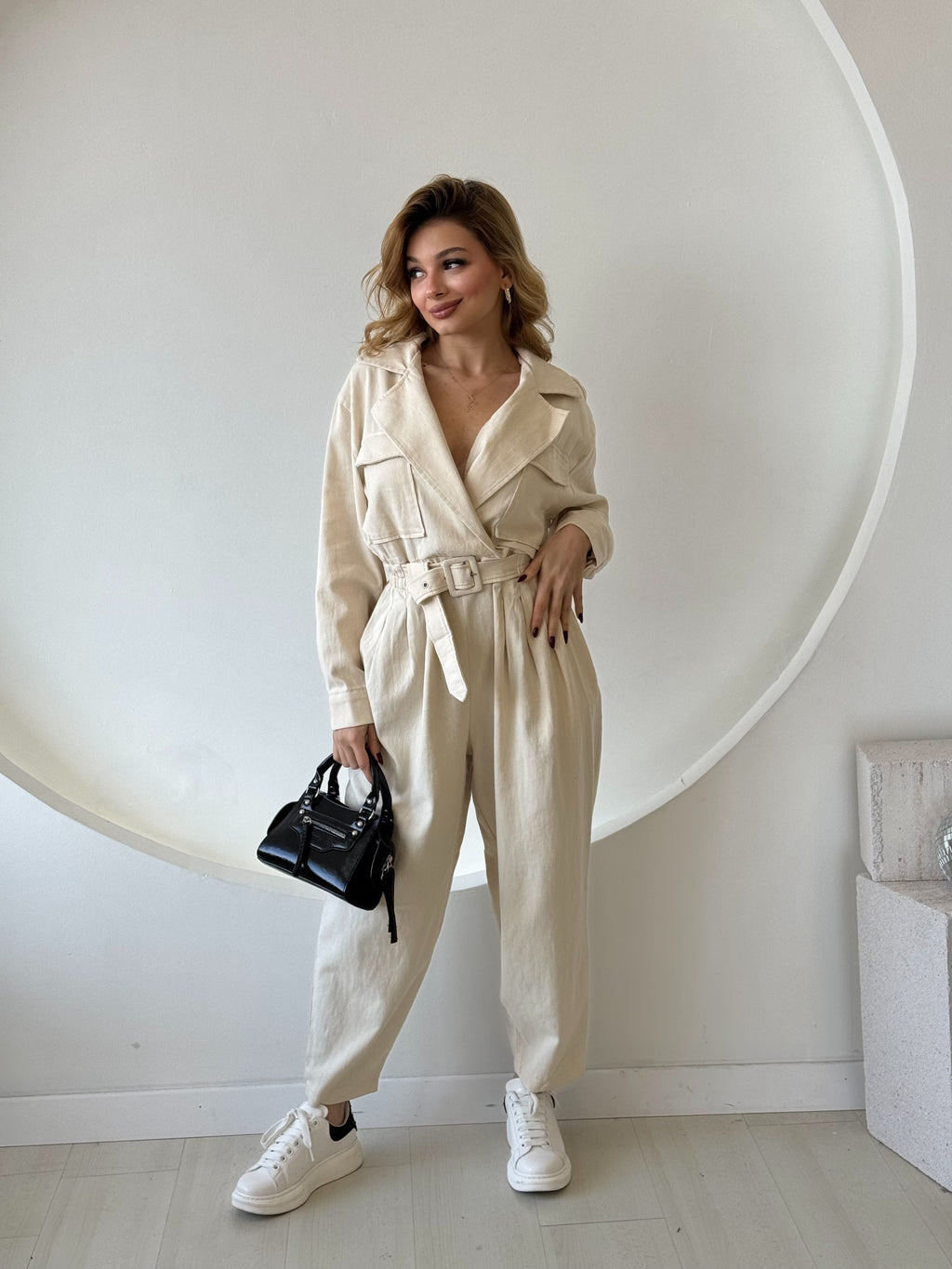 Bej Kemerli Gabardin Tulum