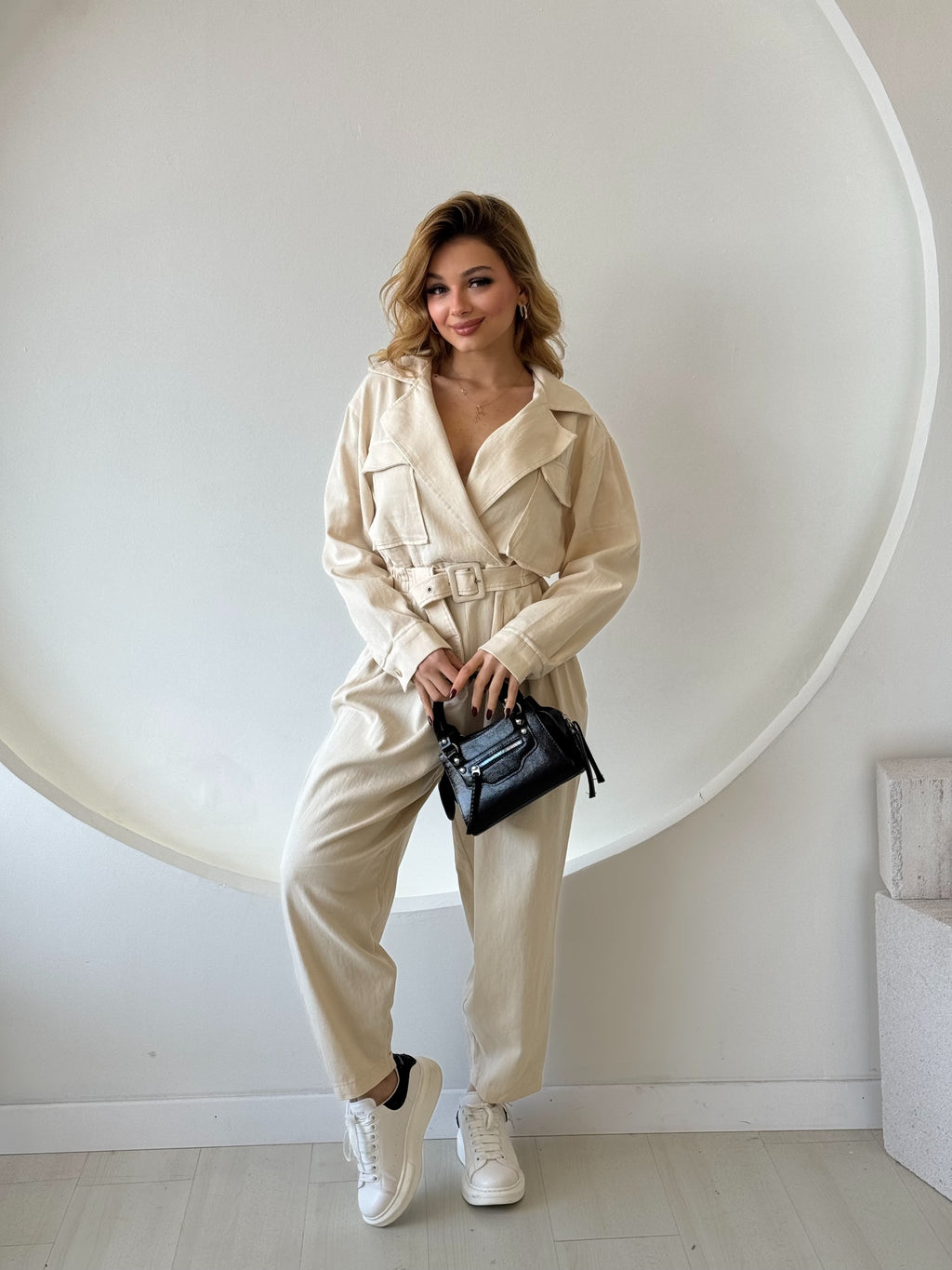 Bej Kemerli Gabardin Tulum