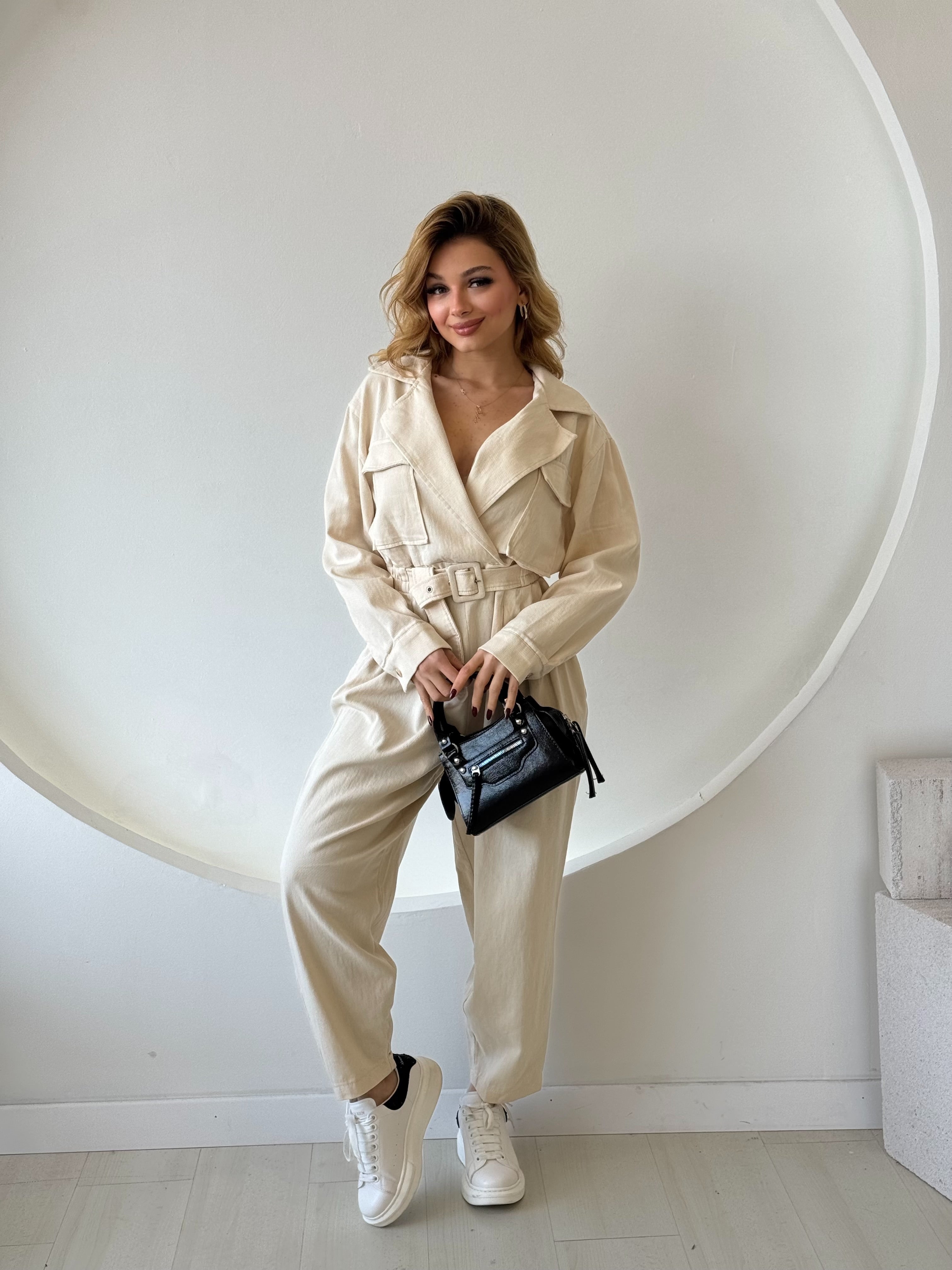 Bej Kemerli Gabardin Tulum