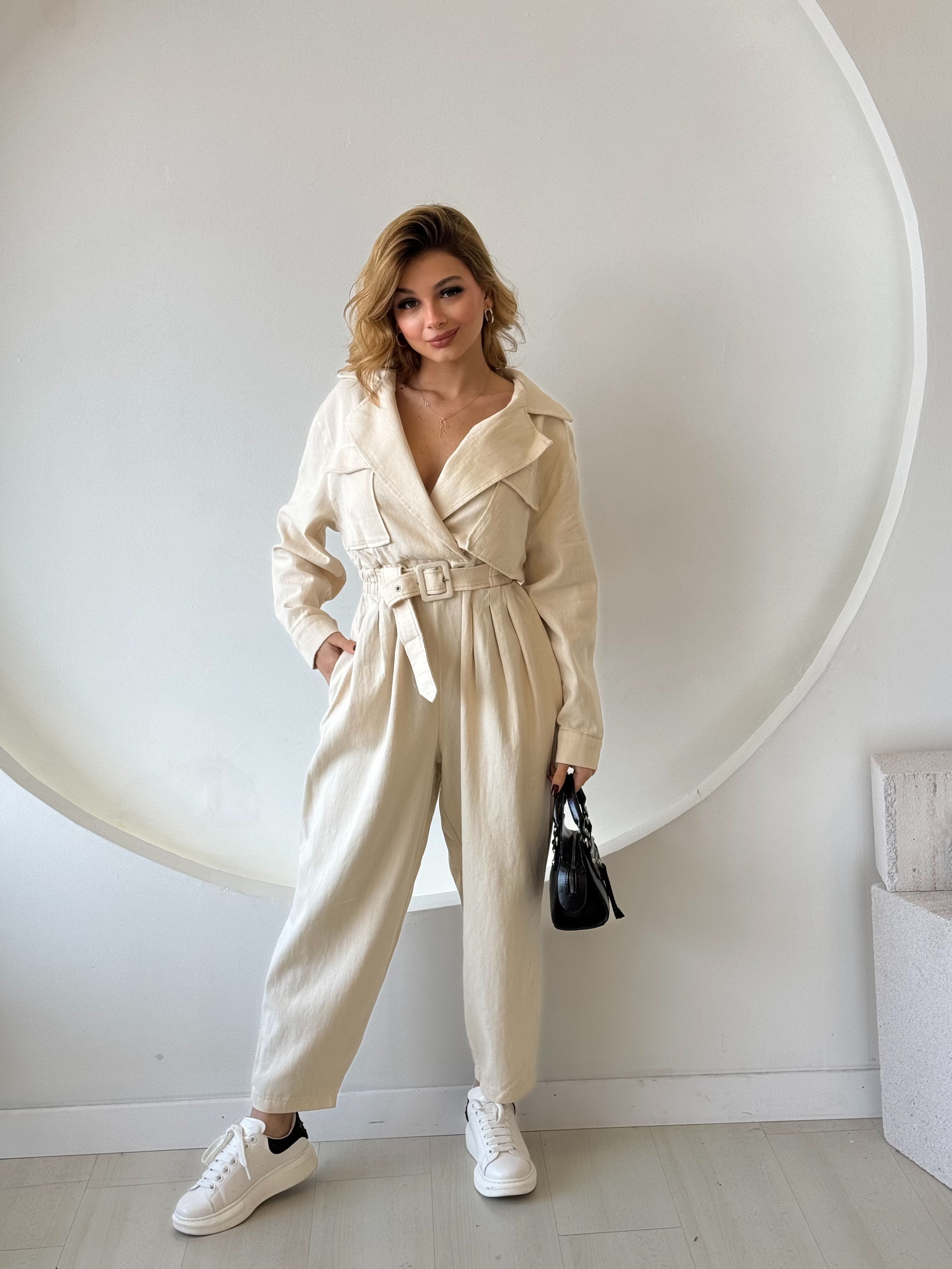 Bej Kemerli Gabardin Tulum