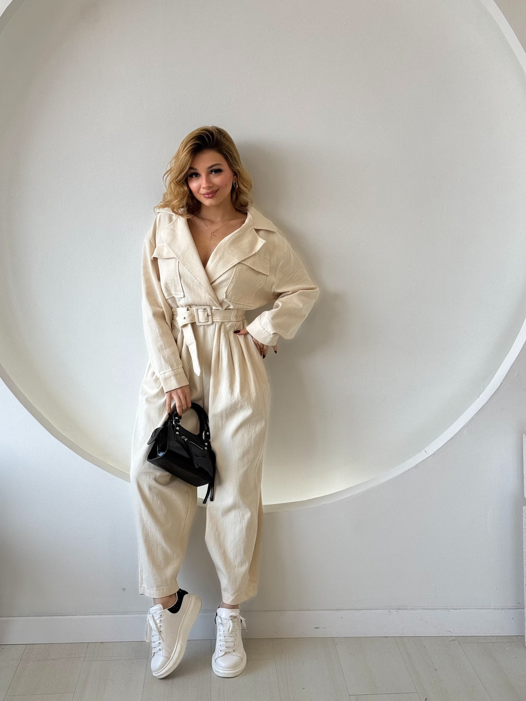 Bej Kemerli Gabardin Tulum