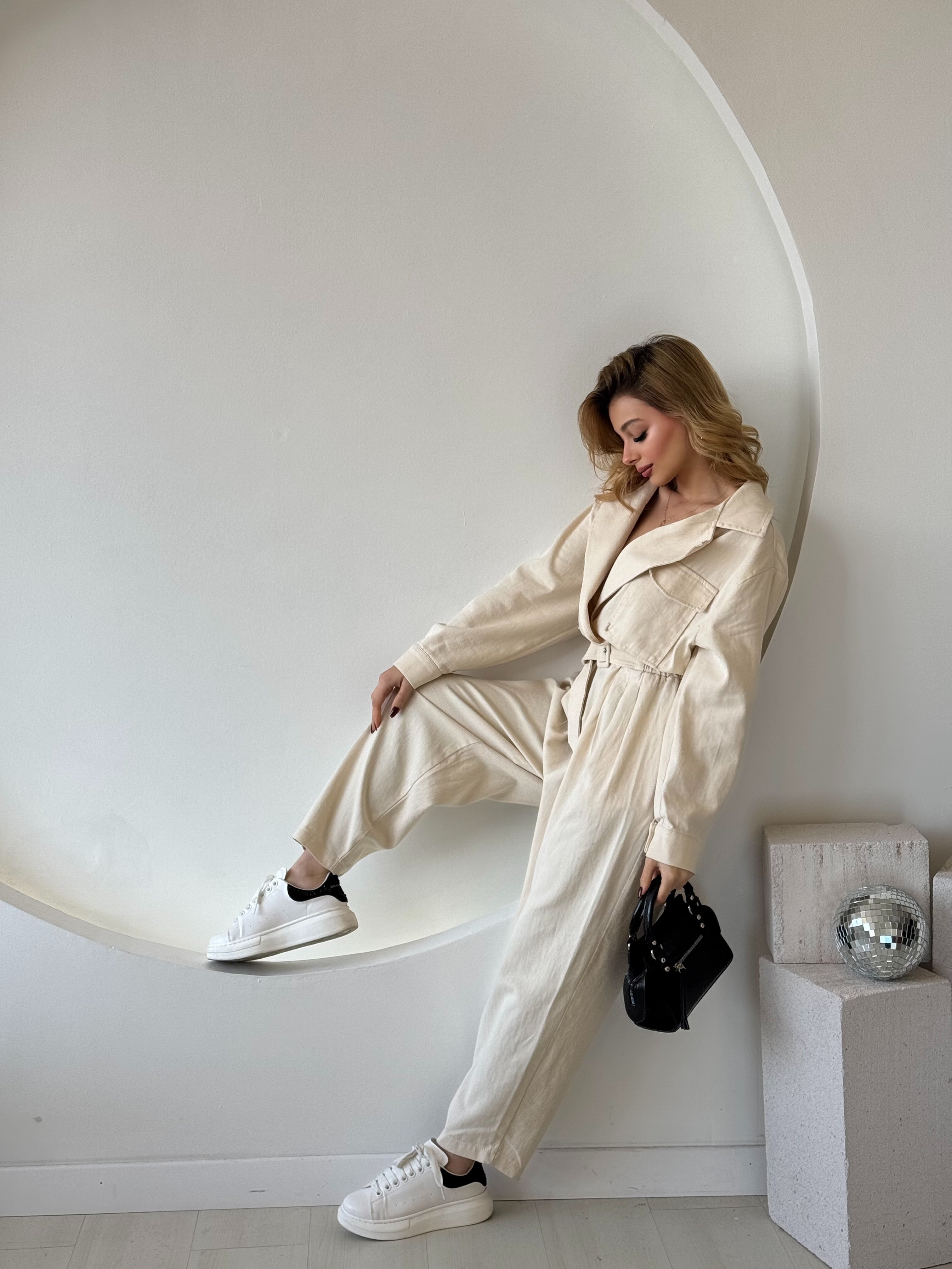 Bej Kemerli Gabardin Tulum