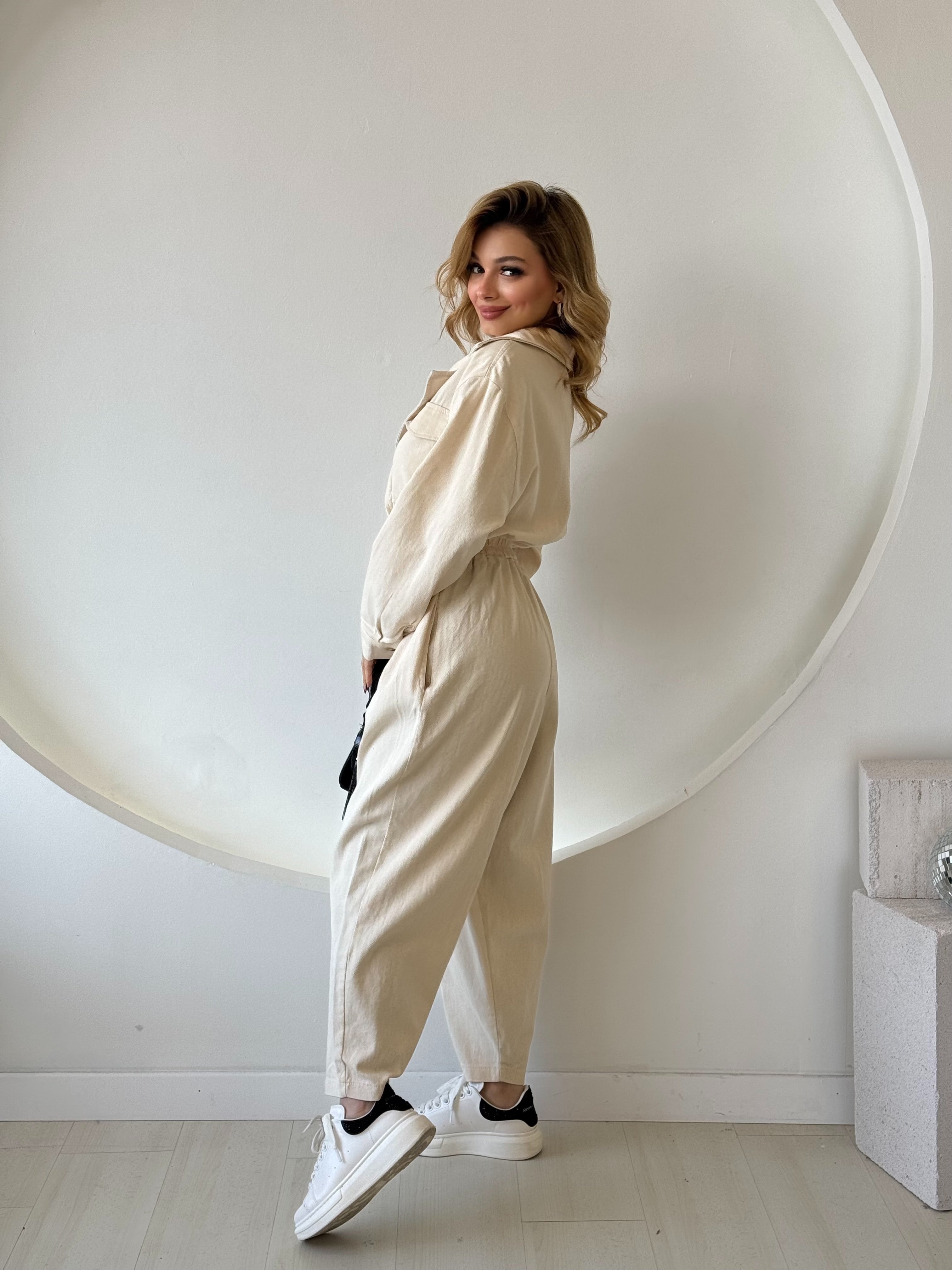 Bej Kemerli Gabardin Tulum