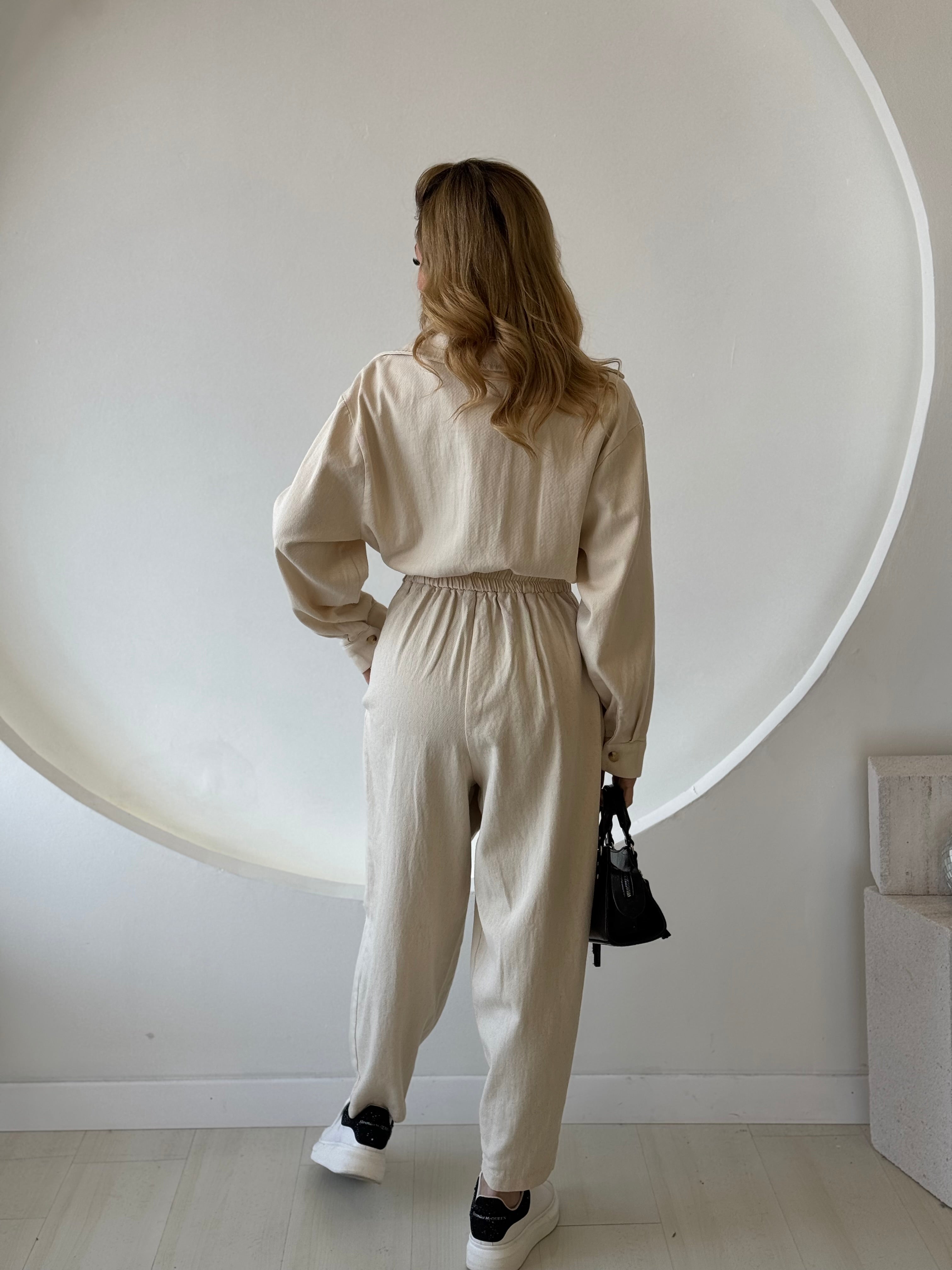 Bej Kemerli Gabardin Tulum