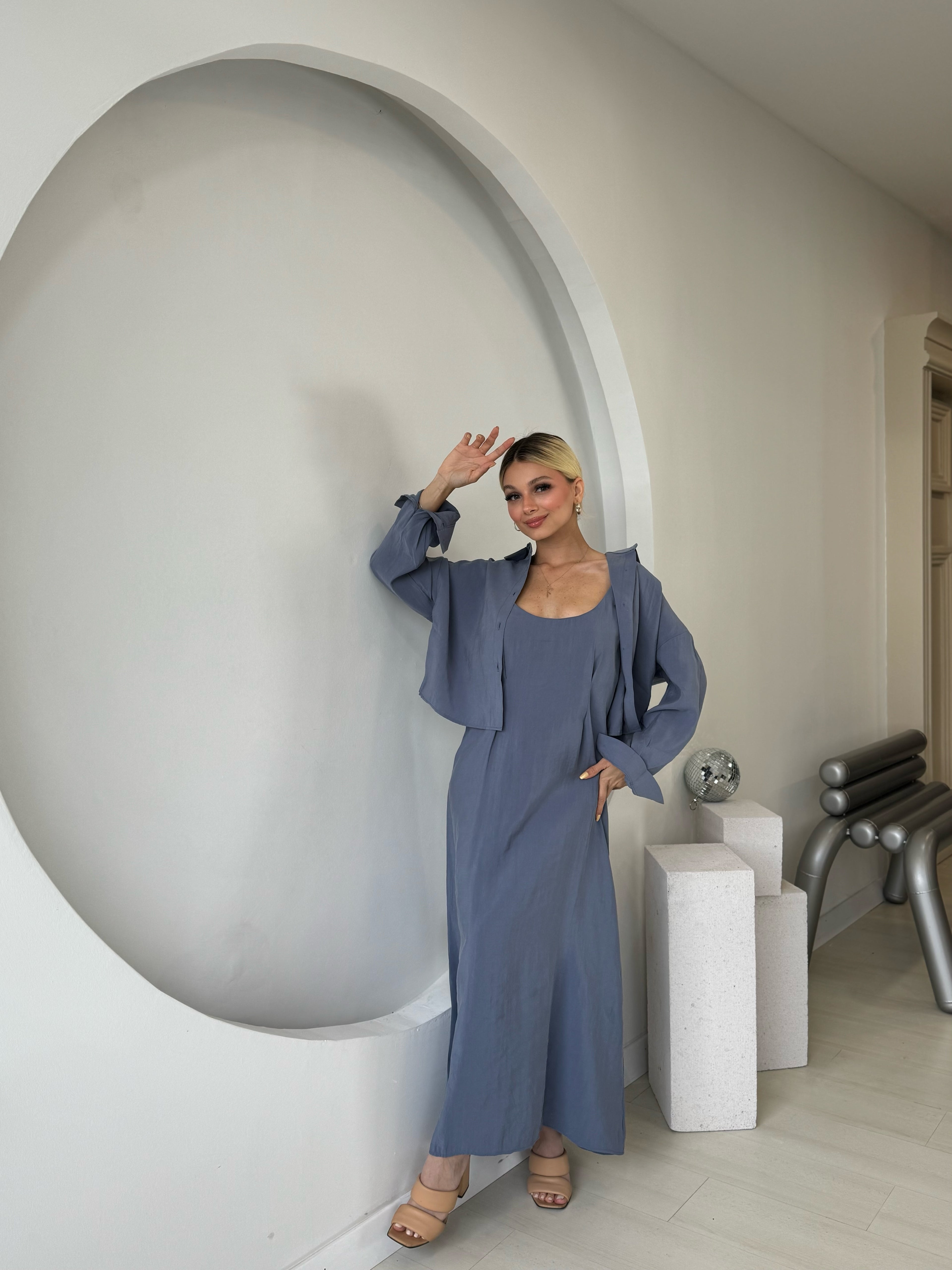 İndigo Gömlek Elbise İkili Takım