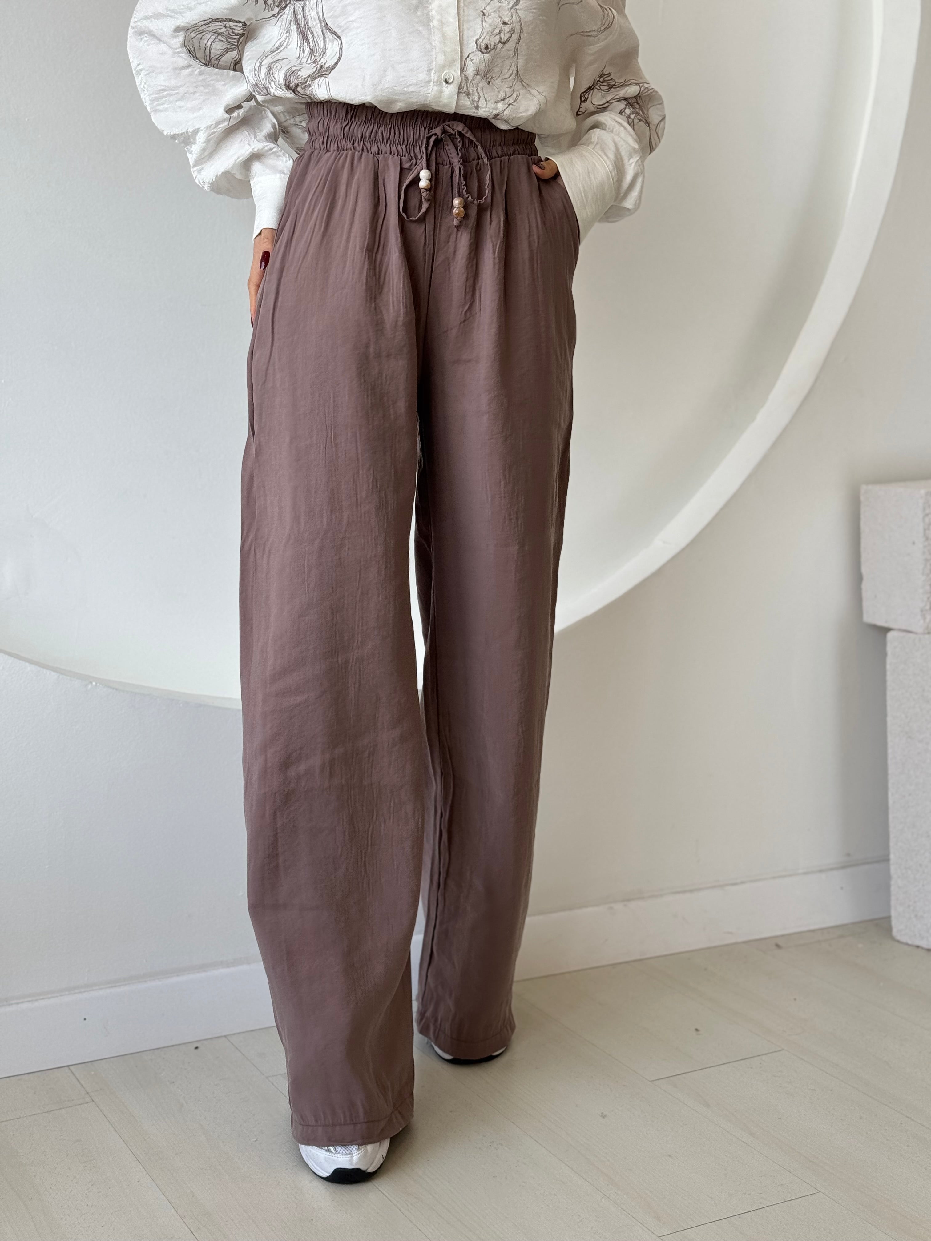 Kahverengi Beli Lastikli Bol Paça Pantolon