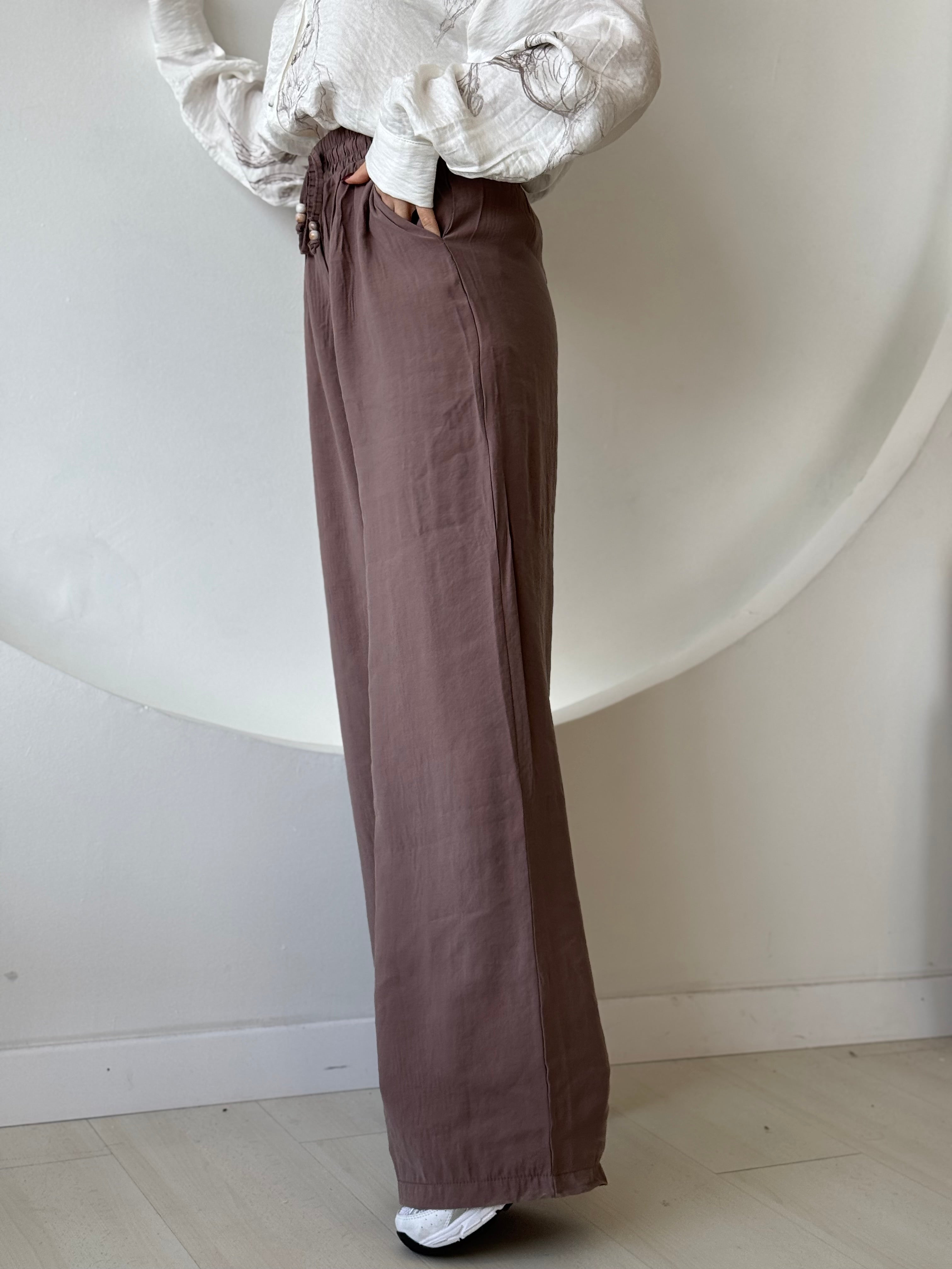 Kahverengi Beli Lastikli Bol Paça Pantolon