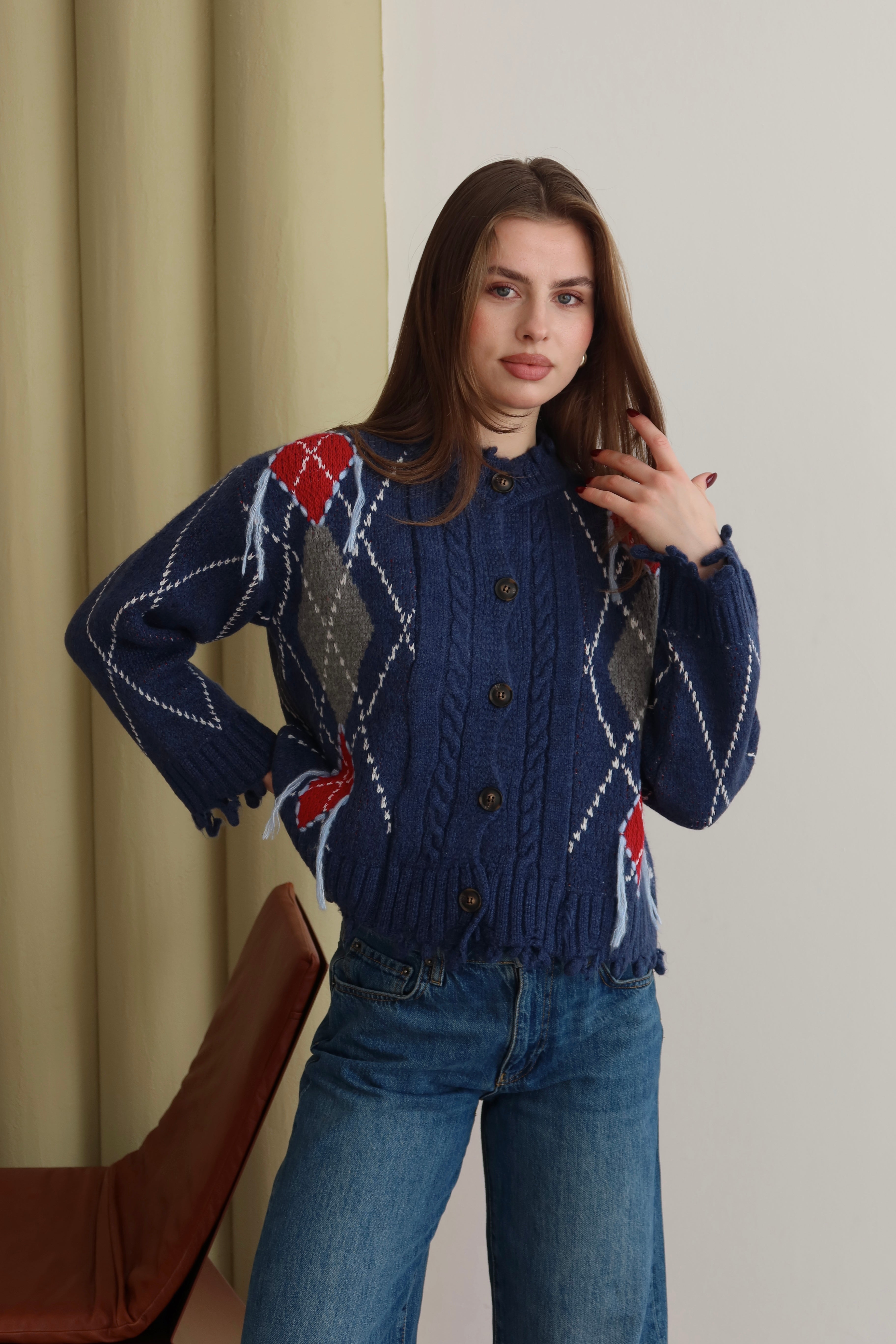 LACİVERT BAKLAVA DESEN SAÇAKLI HIRKA