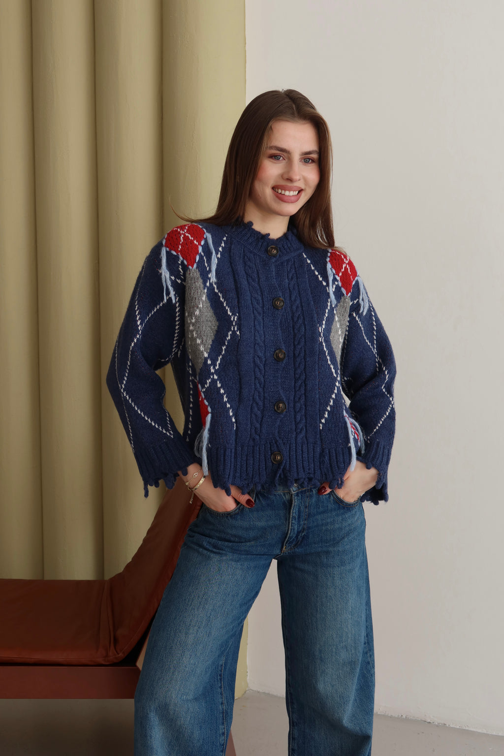 LACİVERT BAKLAVA DESEN SAÇAKLI HIRKA