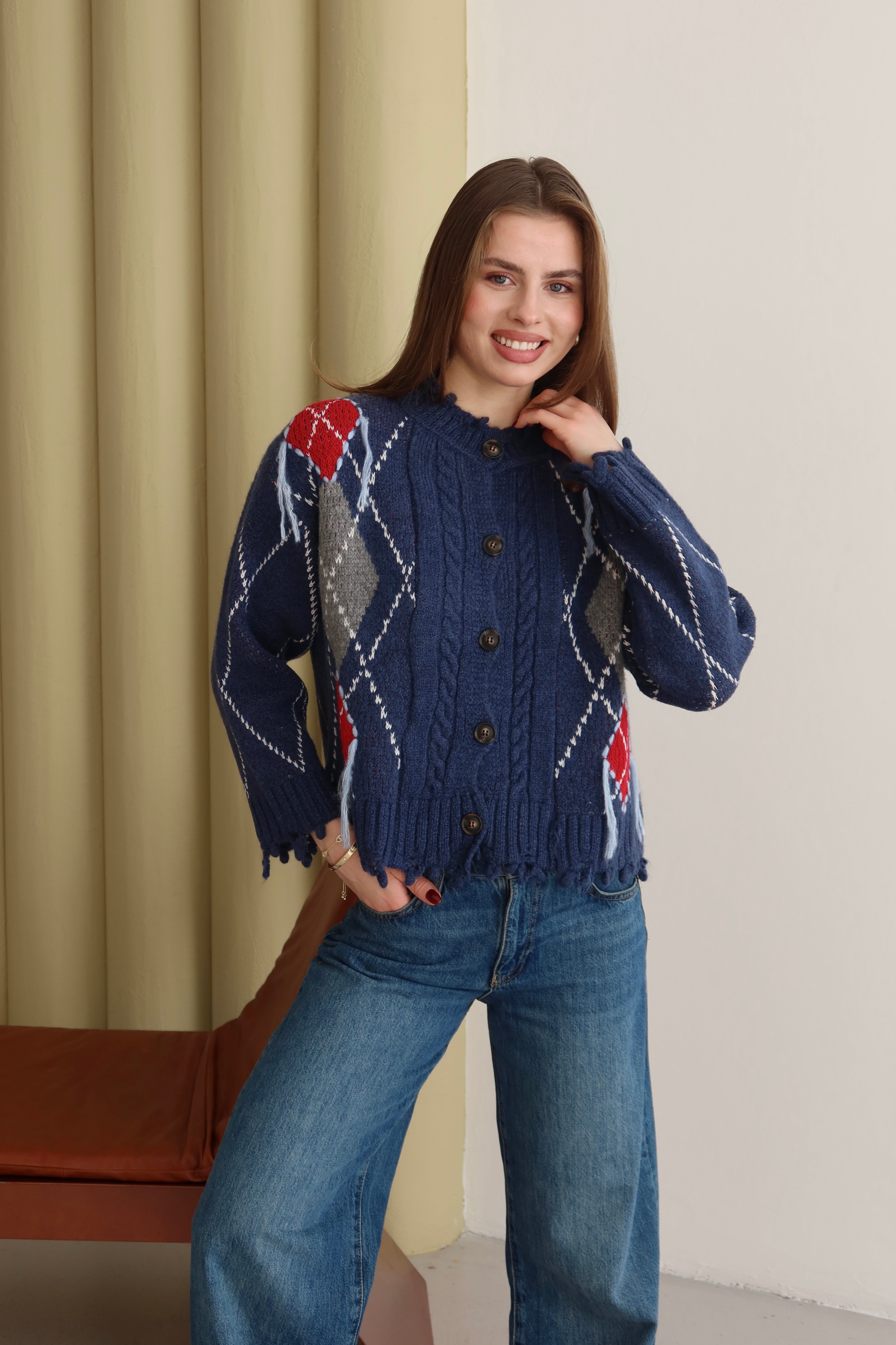 LACİVERT BAKLAVA DESEN SAÇAKLI HIRKA