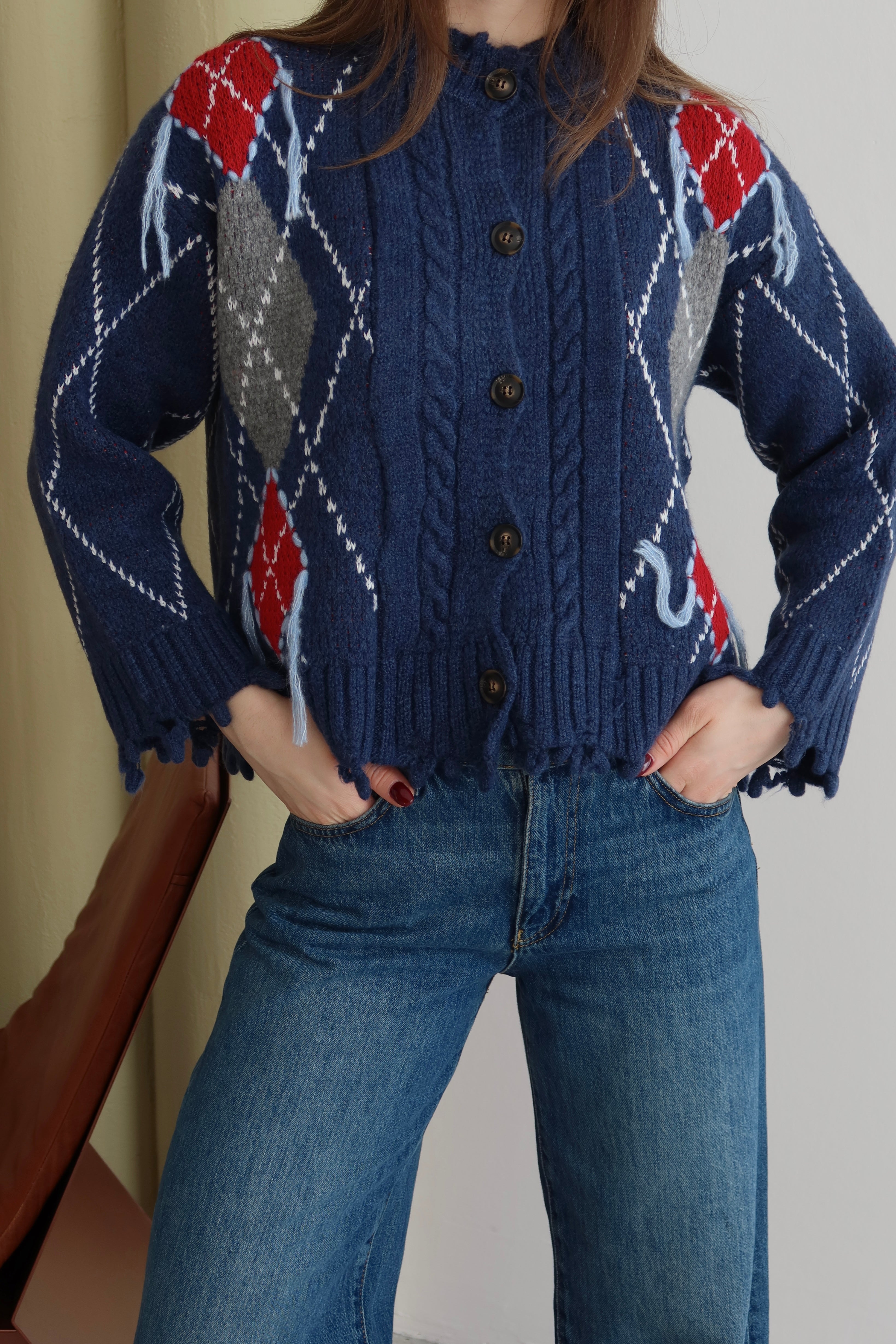 LACİVERT BAKLAVA DESEN SAÇAKLI HIRKA